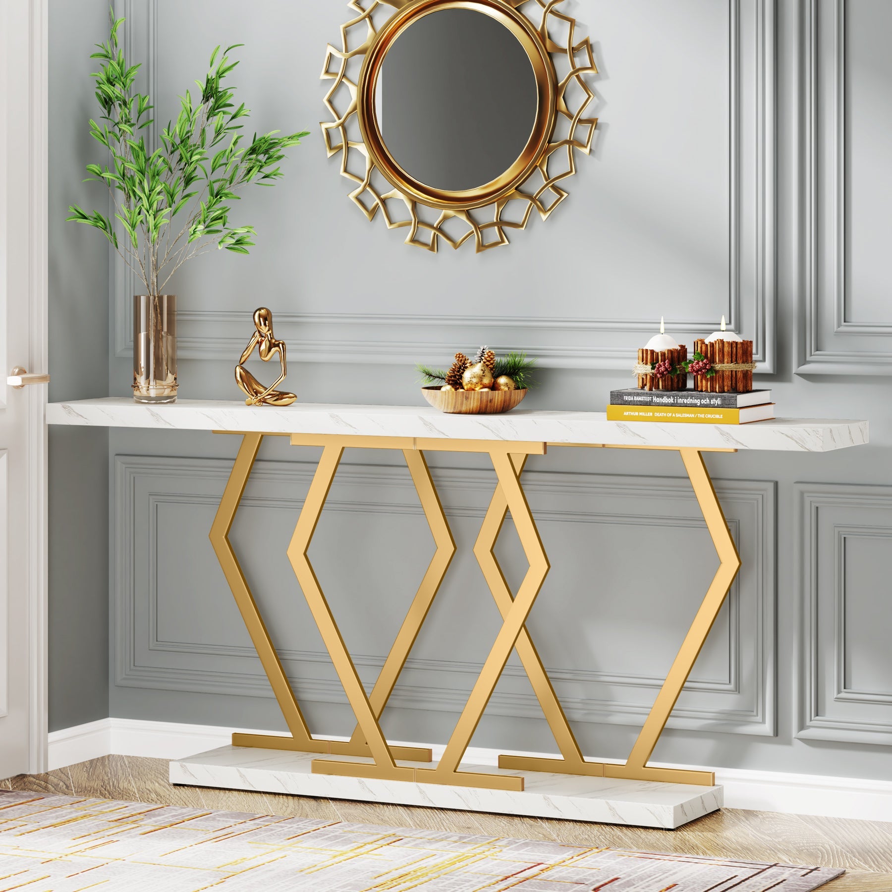 180 cm Console Table, Modern Sofa Table with Faux Marble Tabletop