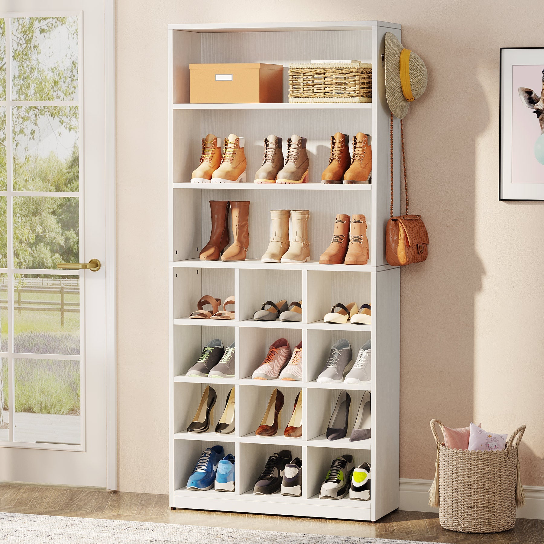 Freestanding Shoe Cabinet, 61 cm Shoe Rack for 24 Pairs with Side Hooks