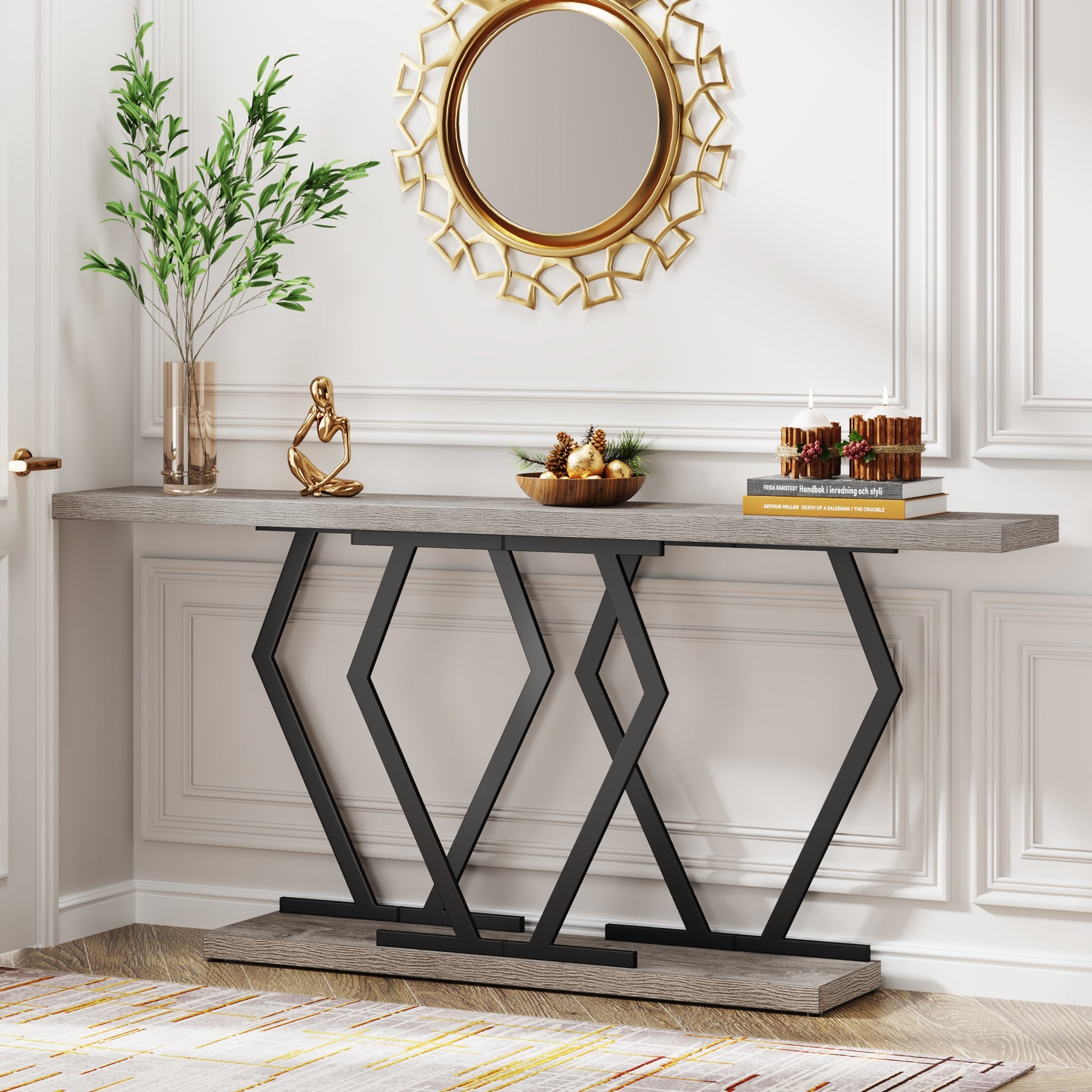 180 cm Console Table, Modern Sofa Table with Faux Marble Tabletop