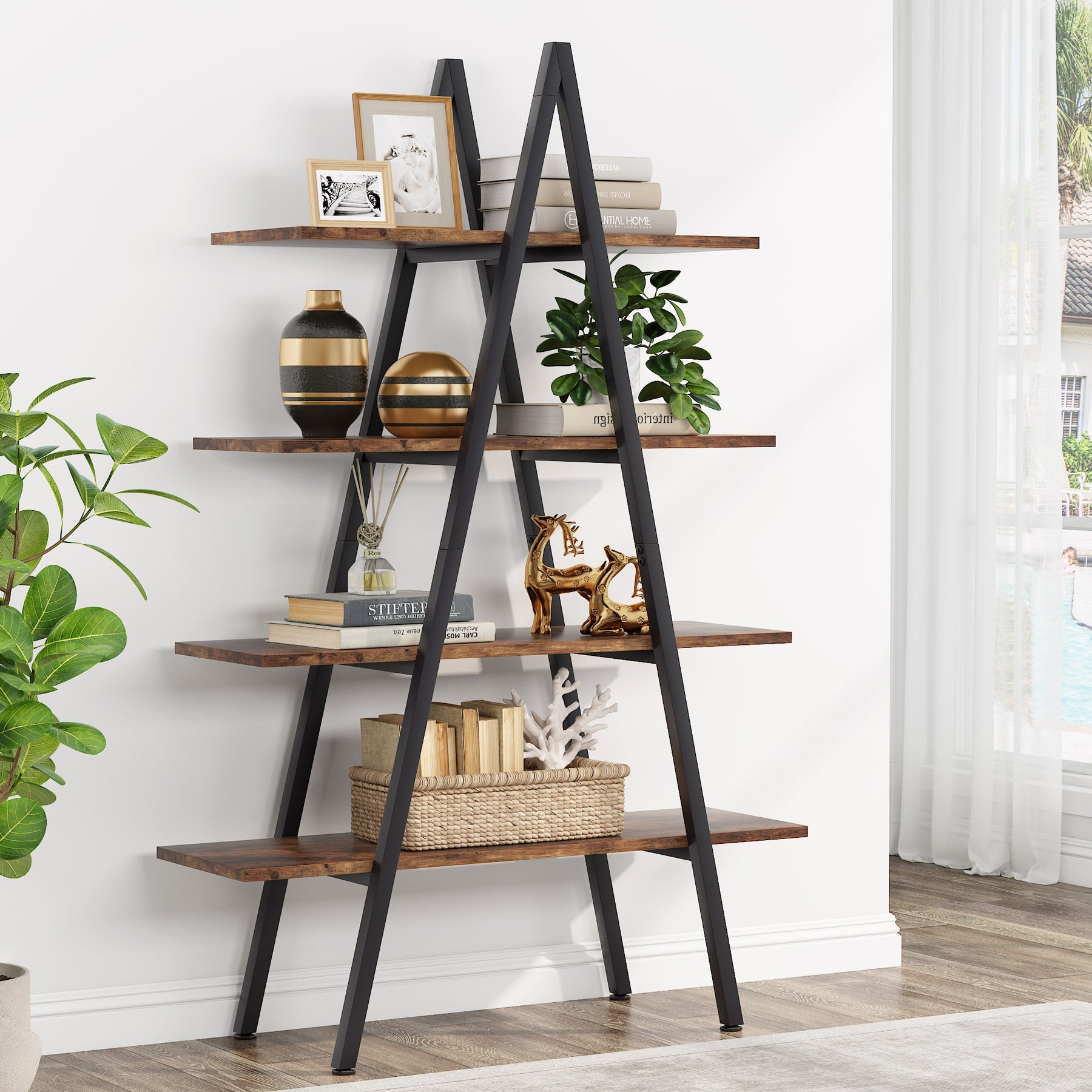 4-Tier Bookshelf, A-Shaped Bookcase Industrial Ladder Display Shelf (Approx. 102 cm)