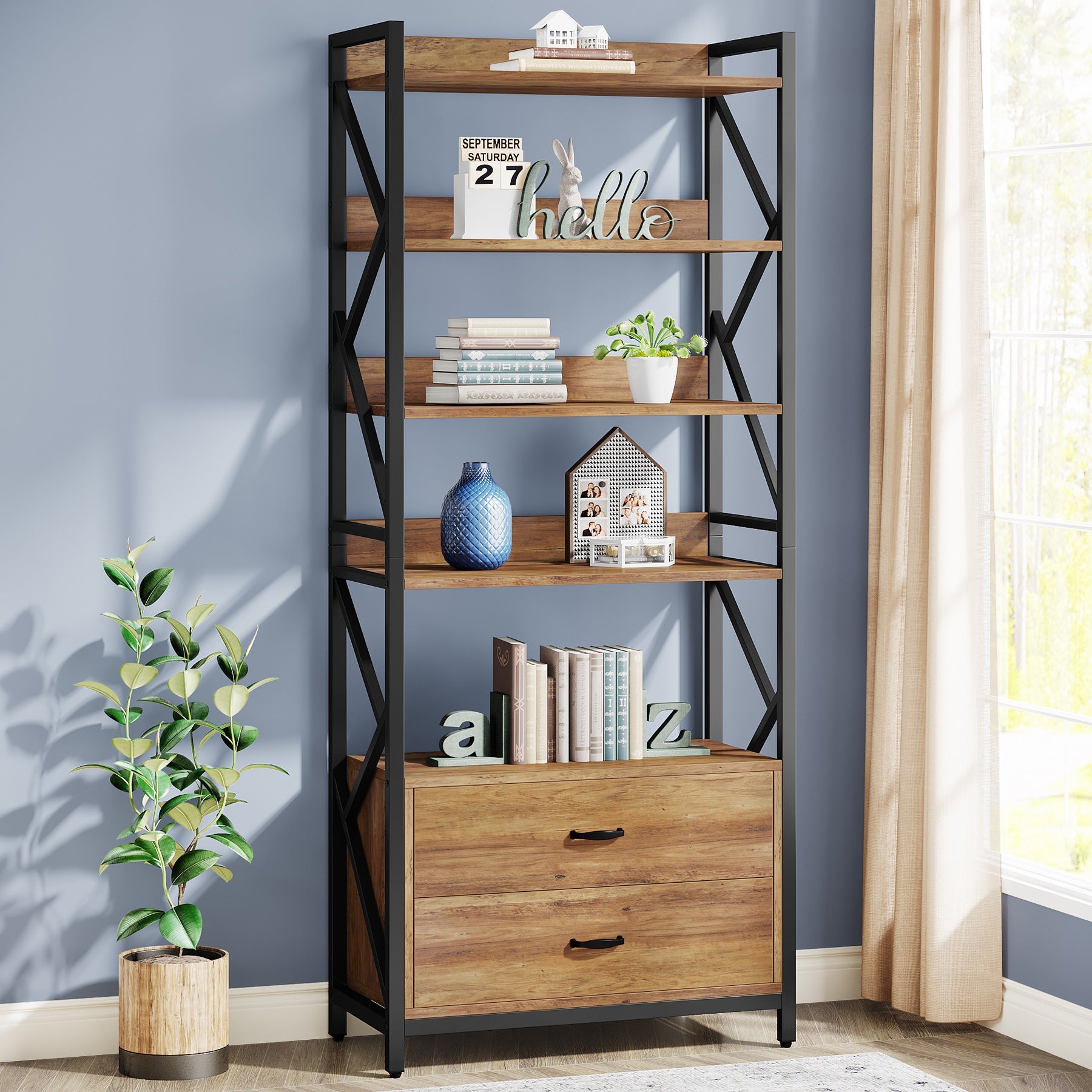 180 cm Bookshelf, Industrial 5-Tier Bookcase with 2 Drawers