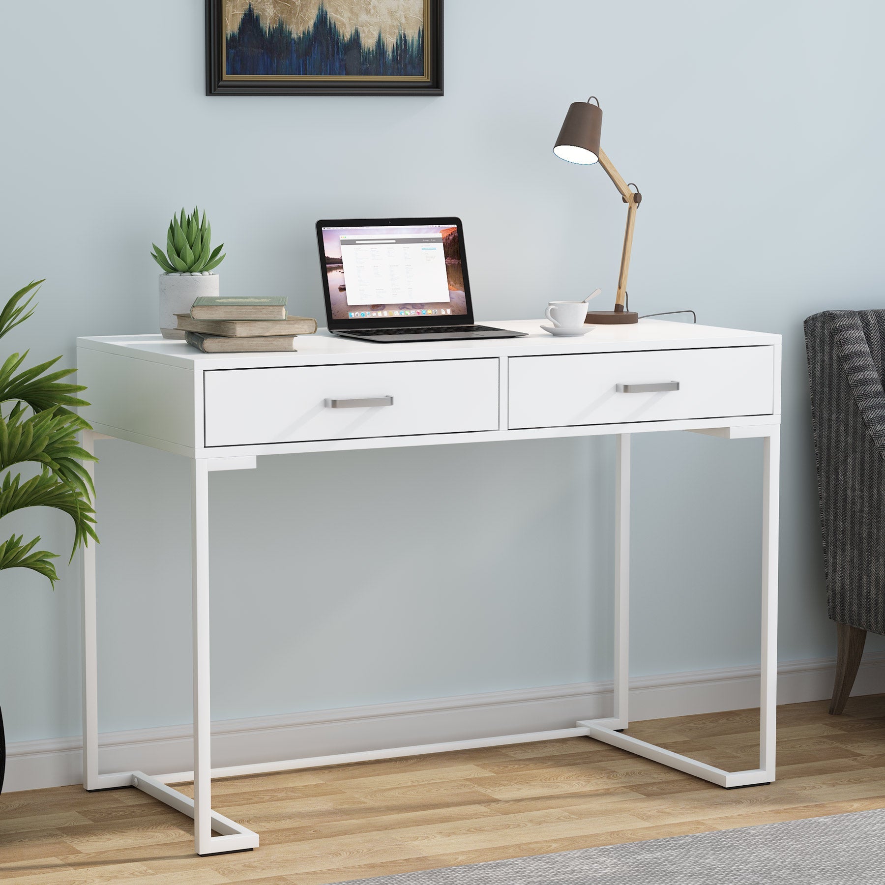 99 cm Computer Desk with Drawers, Modern Writing Desk Study Desk