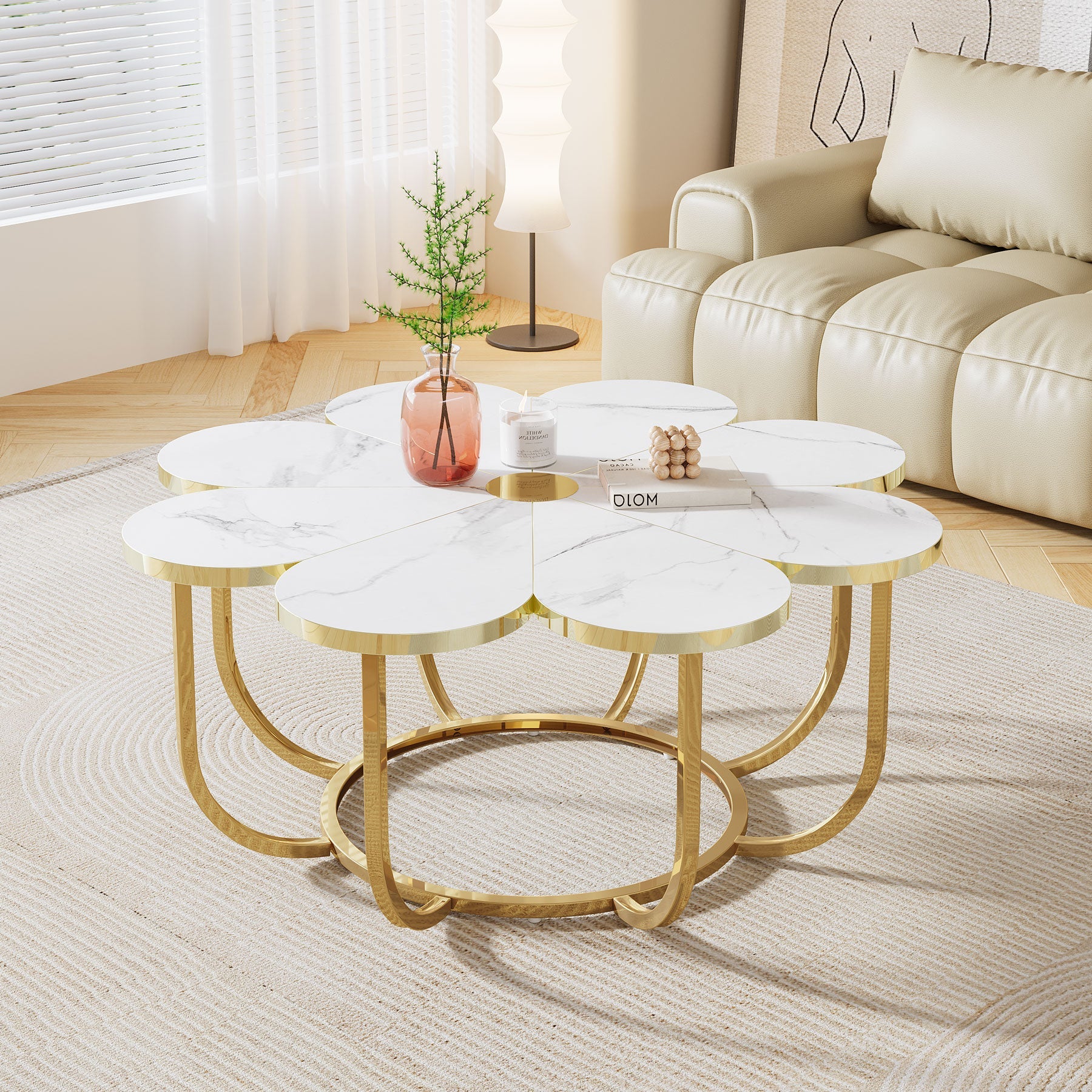 Modern Coffee Table, Flower-Shaped Center Table with Faux Marble Tabletop (in cm)