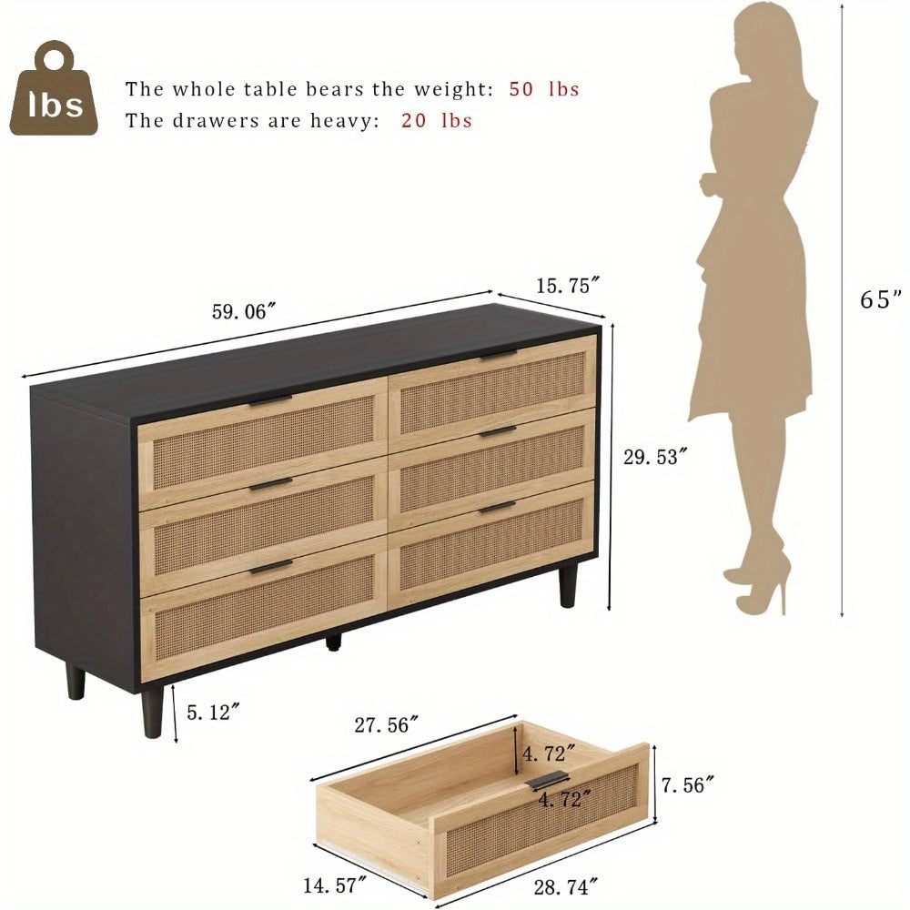 Chic Black Rattan 6-Drawer Dresser - Versatile Storage Chest for Bedroom & Living Room, Durable Hardwood with Metal Handles