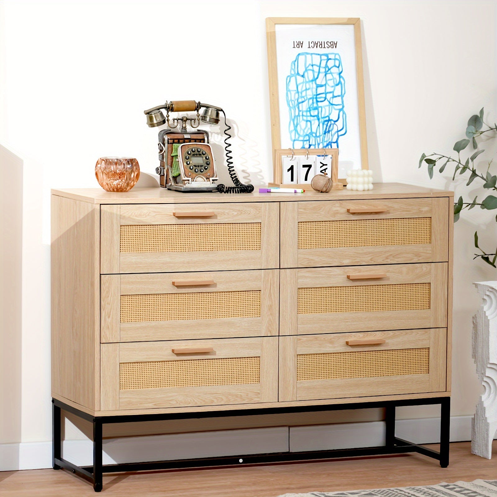 Rattan Dresser 6 Drawer Dresser For Bedroom Mid Century Modern Dresser Natural Rattan Chest Of Drawer Light Wood Dresser Boho Dressers For Entryway, Bedroom, Living Room, Hallway, 43.4'*31.5'*15'