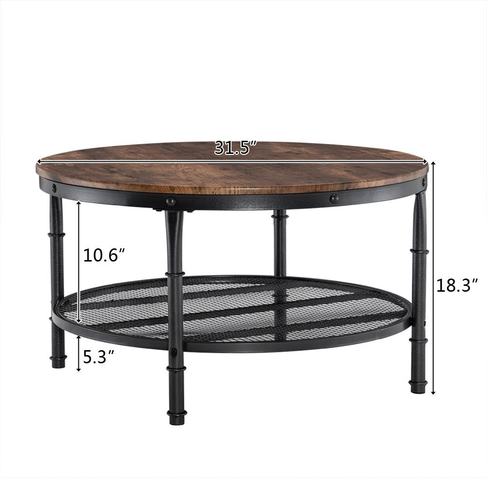 80cm Round Coffee Table with Storage, Industrial Rustic Round Coffee Table with Metal Shelf