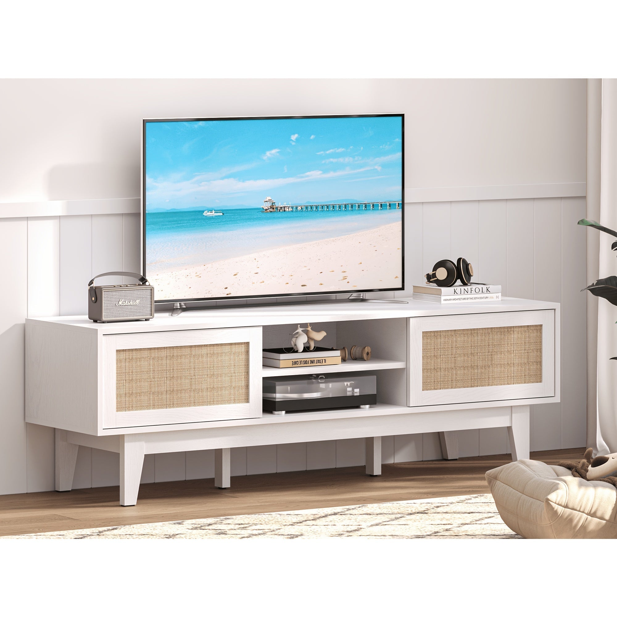 TV Stand for 55/60/65 Inch TV, Farmhouse Entertainment Center with Shelves, Cabinets and Sliding Doors, Rustic TV Media Console Table with Solid Wood Feet & Cord Holes for Living Room, Bedroom