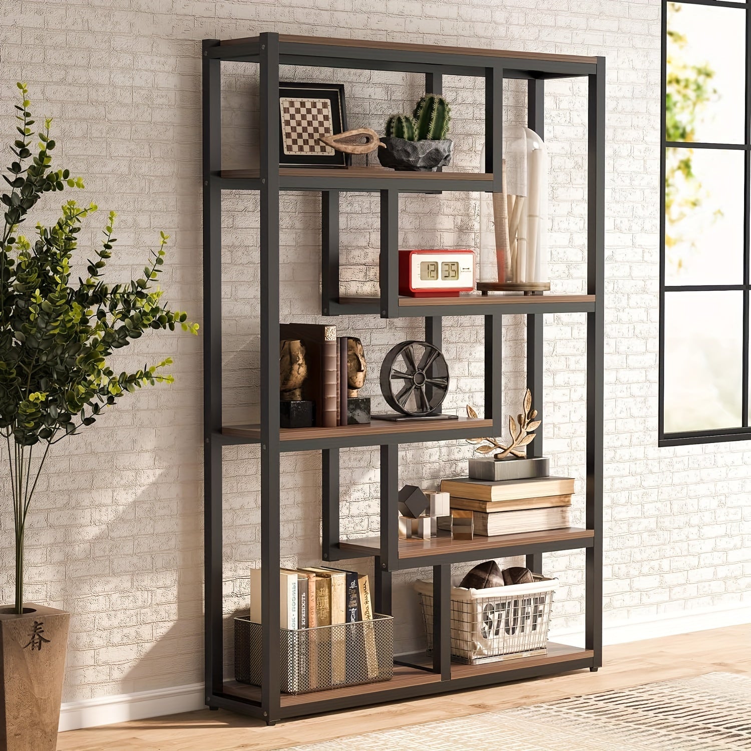 175cm Tall Bookshelf Staggered 6-Shelf Units, Dark Walnut & Black Finish