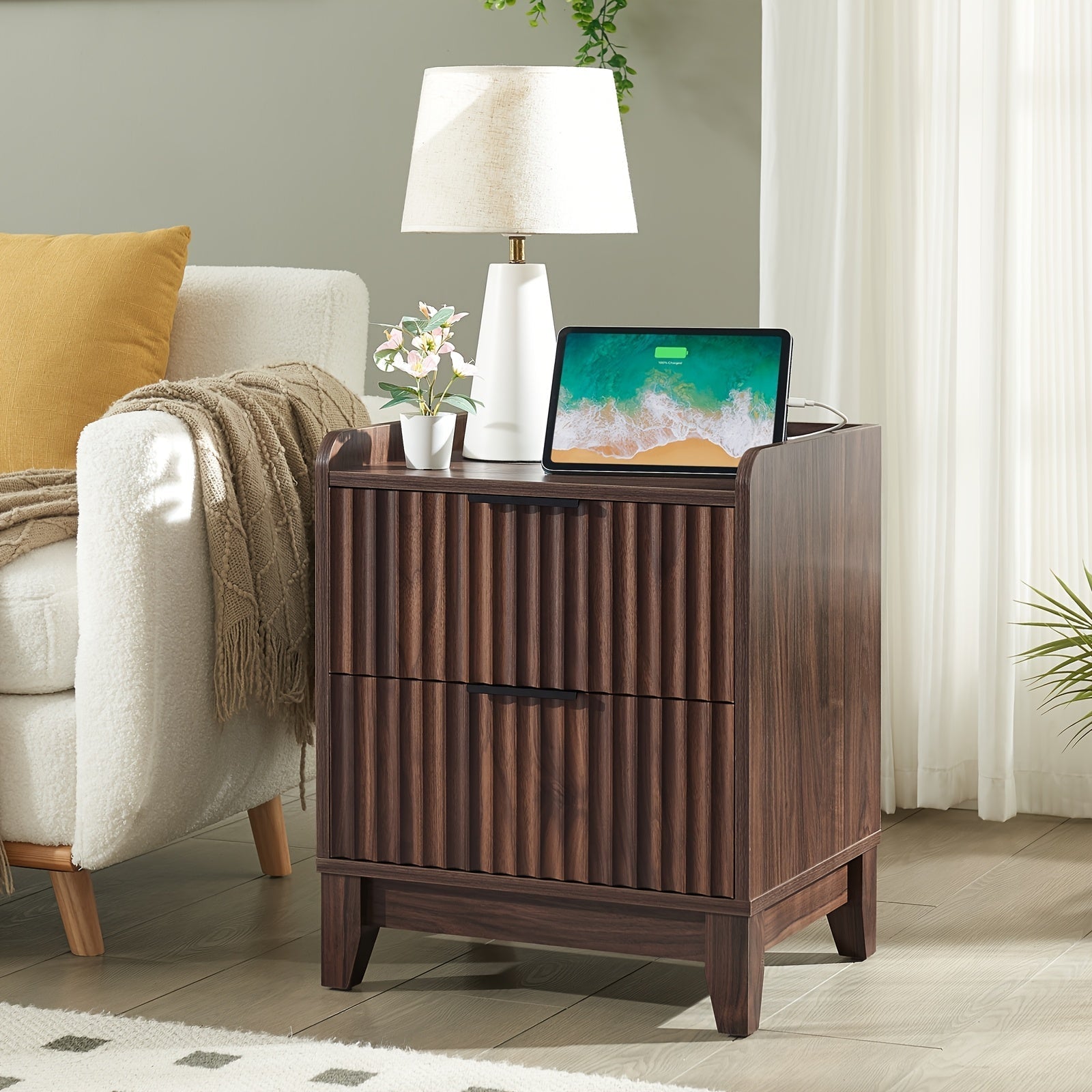 Modern Wood Bedside Table With 2 Drawers And Storage, Farmhouse Fluted Nightstand With Charging Station For Bedroom Or Living Room