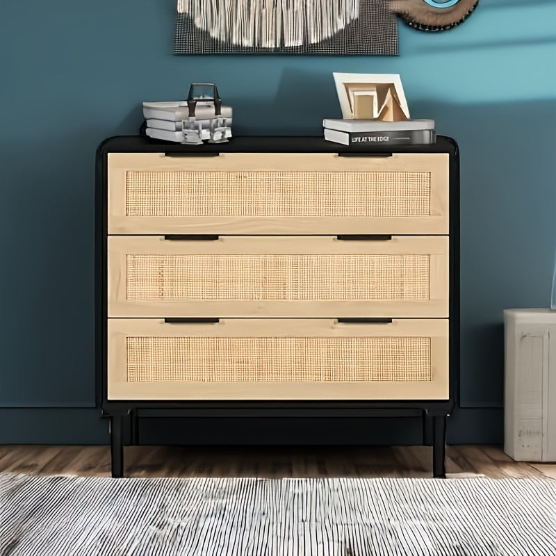 3 Drawer, Rattan Dresser Modern Closet Dressers Chest Of Drawers, Wood Black Storage Chest For Kids, Hallway, Living Room