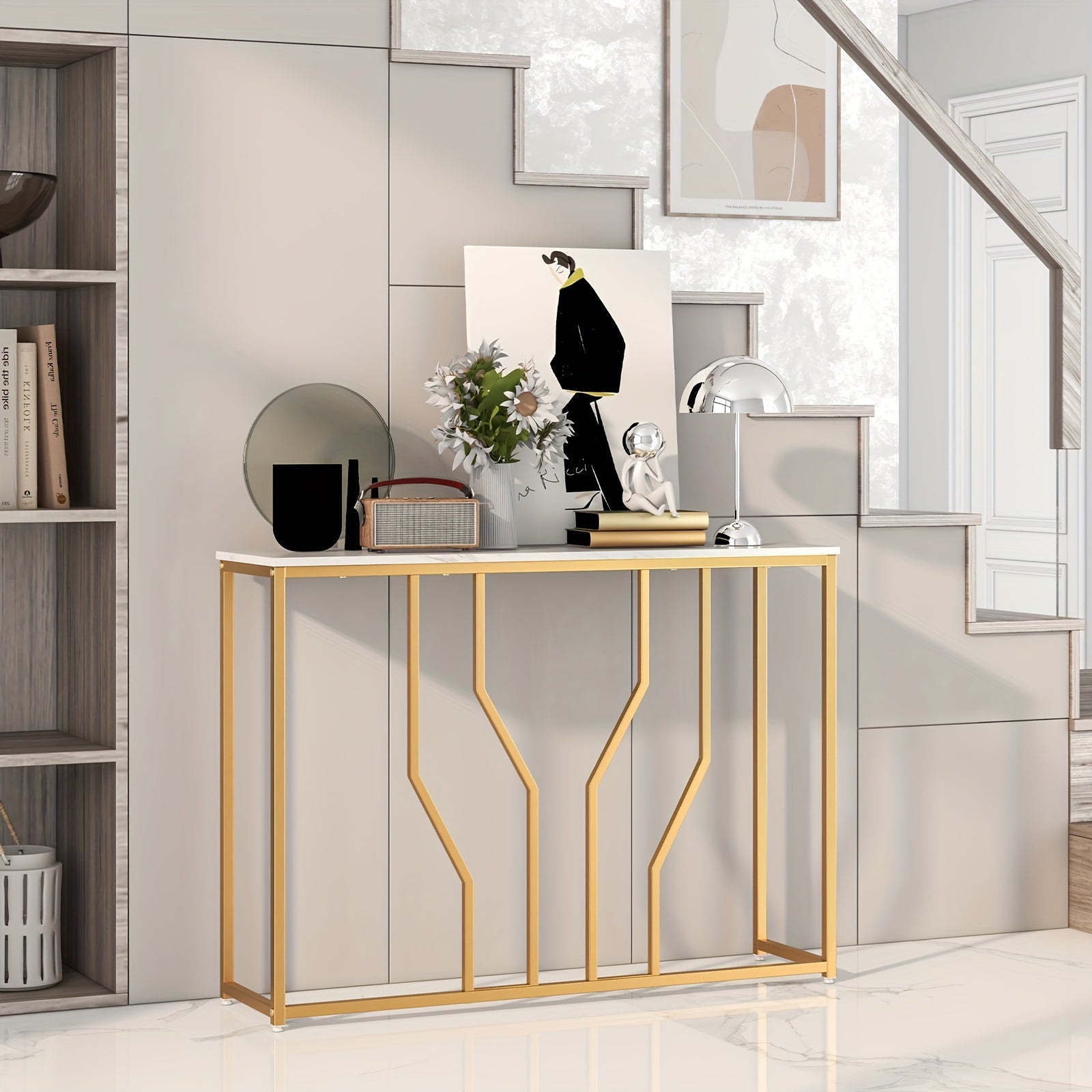 1pc 112cm Golden Console Table with Faux Marble Tabletop and Golden Metal Frame for Entrance