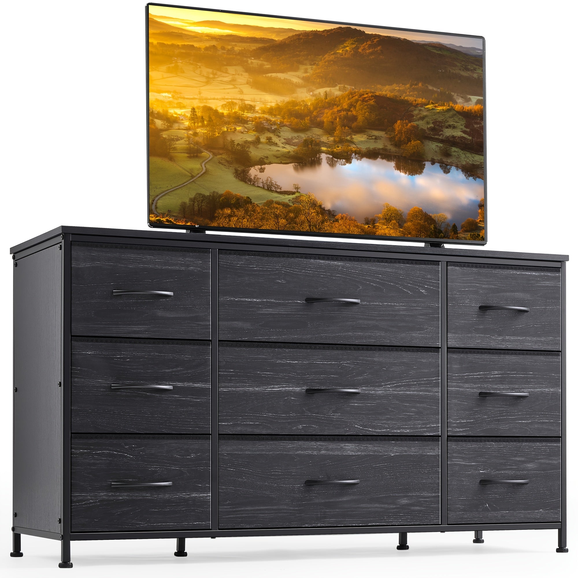 Spacious 9-Drawer Dresser TV Stand in Charcoal Black - Sleek Metal Frame & Wood Top, Ideal for Bedroom or Living Room, Sturdy & Modern Design, Fits 60'' TV