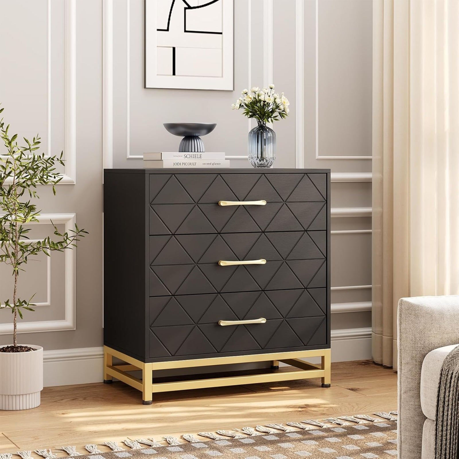 3 Drawer Dresser, Chest Drawers with Storage for Closet, Bedroom, Drawers Dresser Modern Bedside Nightstand with Gold Handles, Nightstand, small, storage cabinet, Black