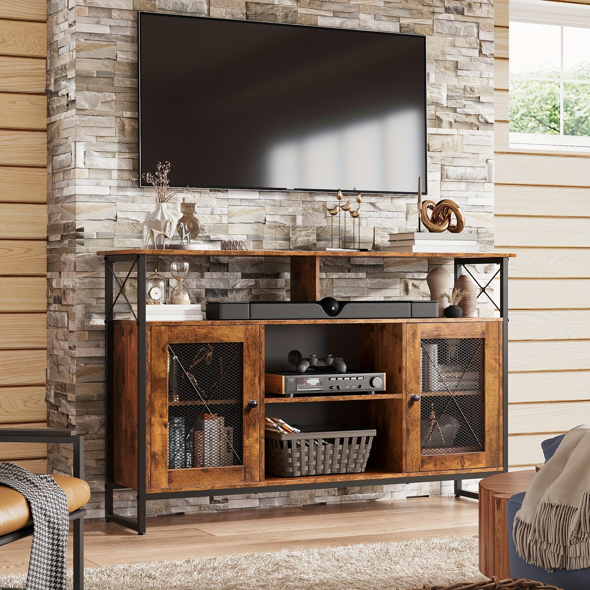 TV Stand 140cm TV, Tall Entertainment Center with Storage, Farmhouse Industrial TV Console for Bedroom Living Room, Rustic Brown