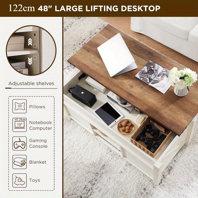 Farmhouse Lift Top Coffee Table with Sliding Door, 48-Inch Spacious Rustic Center Table: Equipped with Hidden Storage Compartment, Lifting Tabletop and Adjustable Shelf for Living Room