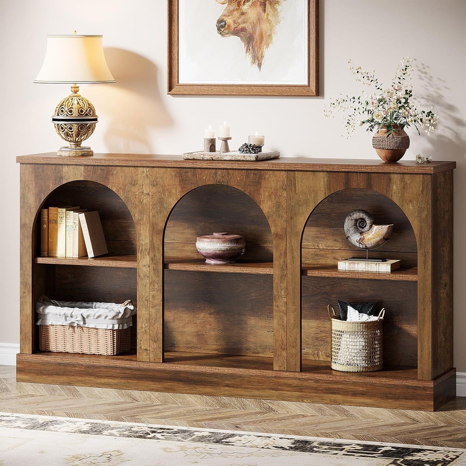 Farmhouse Console Table, 160 cm Long Entryway Table with 3 Tier Storage, Wooden Rectangular Sofa Table Behind The Couch for Entrance, Hallway, Living Room, Brown