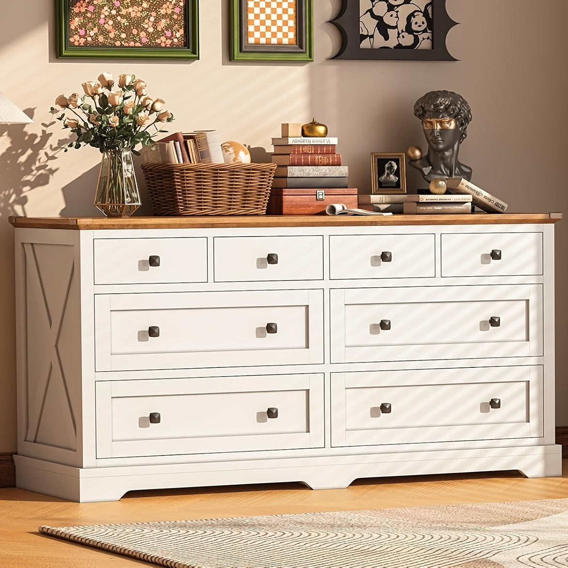 8 Wooden Drawers Dresser For Bedroom, 138cm Double Dresser TV Stand, Chest Of Drawers Large Storage Capacity For Living Room, Entryway, Antique White