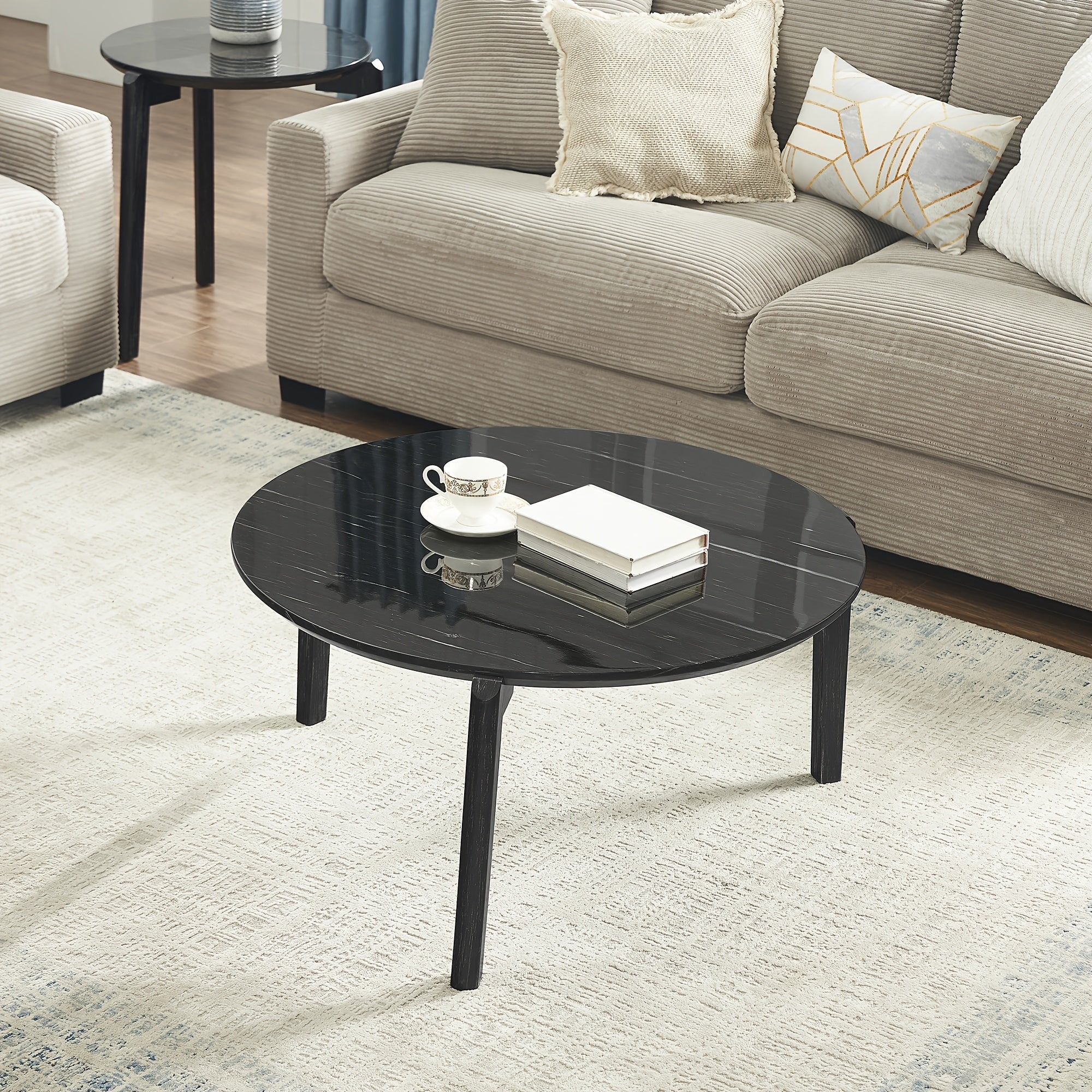 1pc Contemporary 110cm Round Coffee Table - Modern Design with Imitation Marble Top, Rubber Wood Legs, and High-Density Fiberboard Construction for Living Room, Office - No Electricity Needed