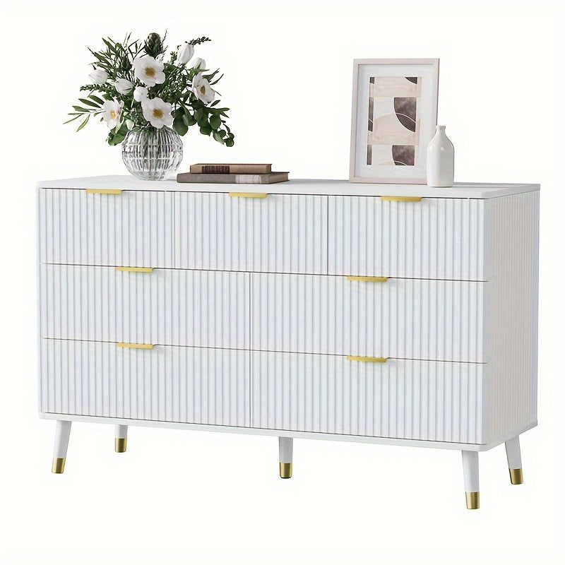 7 Drawer Dresser For Bedroom, Elegant Dressers With Fluted Panel, Storage Dresser With Golden Handles, Modern Closet Of Drawers For Living Room