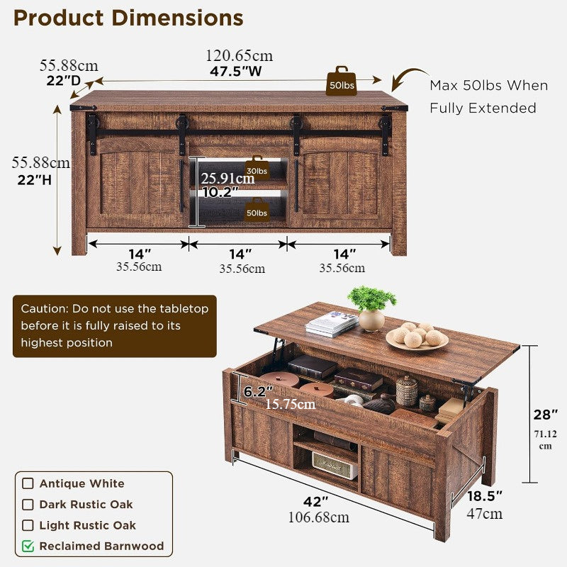 Farmhouse Lift Top Coffee Table with Sliding Door, 48-Inch Spacious Rustic Center Table: Equipped with Hidden Storage Compartment, Lifting Tabletop and Adjustable Shelf for Living Room