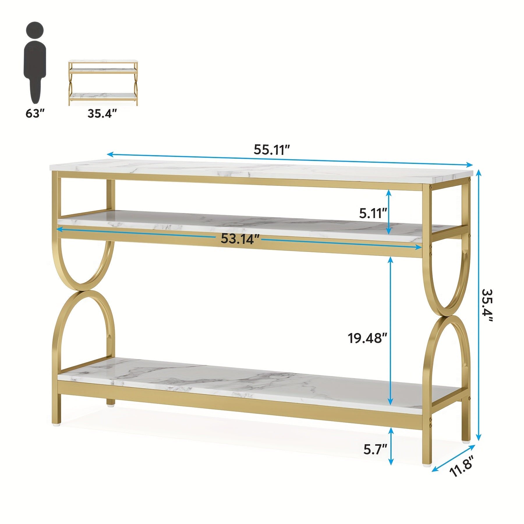 Elegant 140 cm White & Golden Console Table with Faux Marble Top - 3-Tier Open Storage Shelves, Sturdy Wood & Iron Construction, Ideal for Entryway, Living Room Decor, Table Decor