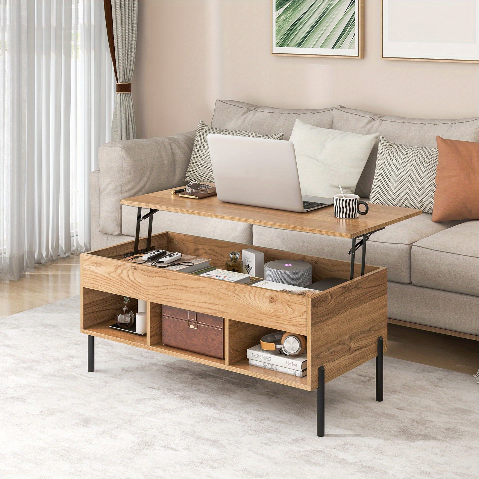 Versatile Lift-Top Coffee Table with Storage - Contemporary Design, 3 Open Cubbies & Hidden Compartment for Living Room Organization, MULTIGOT