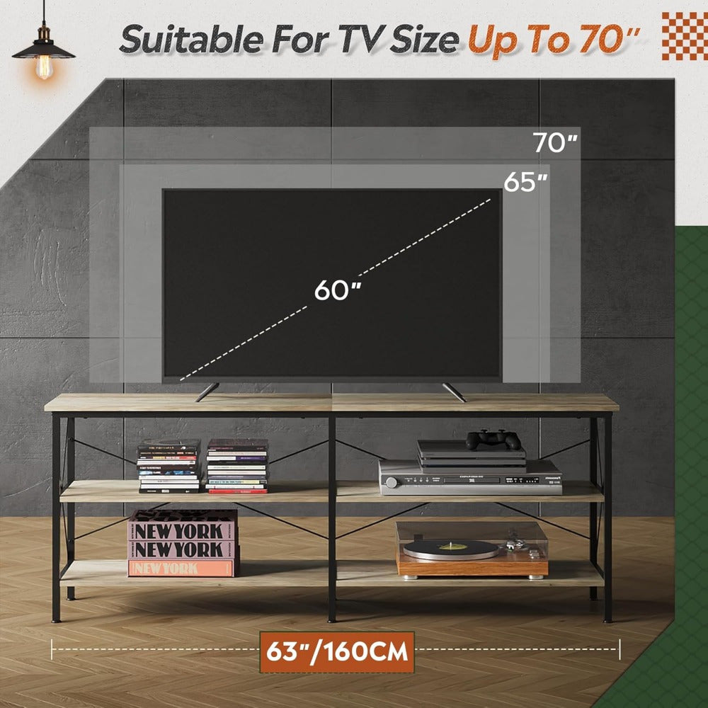 Versatile 3-Tier Steel & Wood TV Stand - Perfect for Indoor/Outdoor Use, Fits Up to 70" TVs, Ideal for Living Room & Bedroom Storage, Best for Christmas, Perfect for Thanksgiving