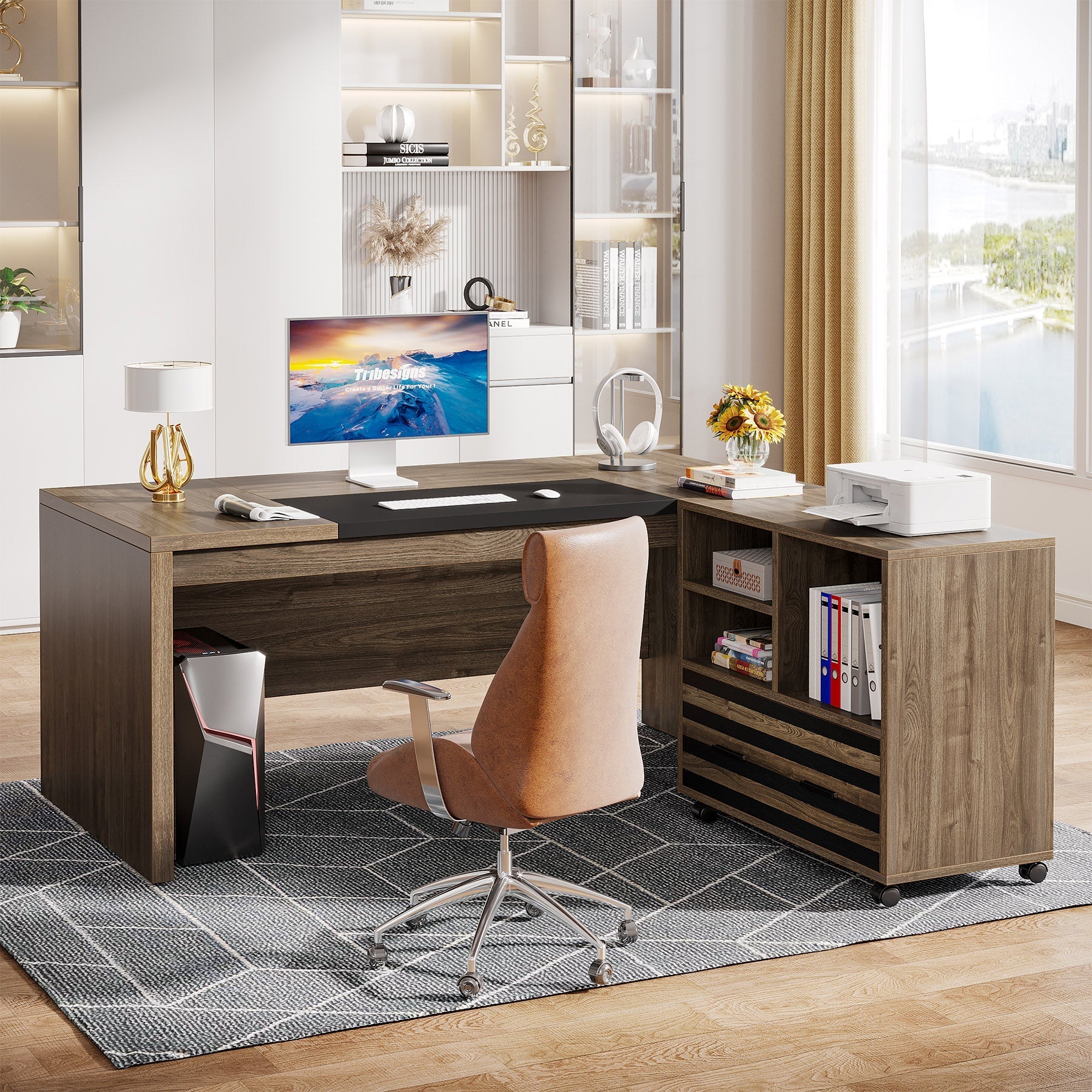 168 cm L-Shaped Executive Desk, Computer Desk with Mobile File Cabinet