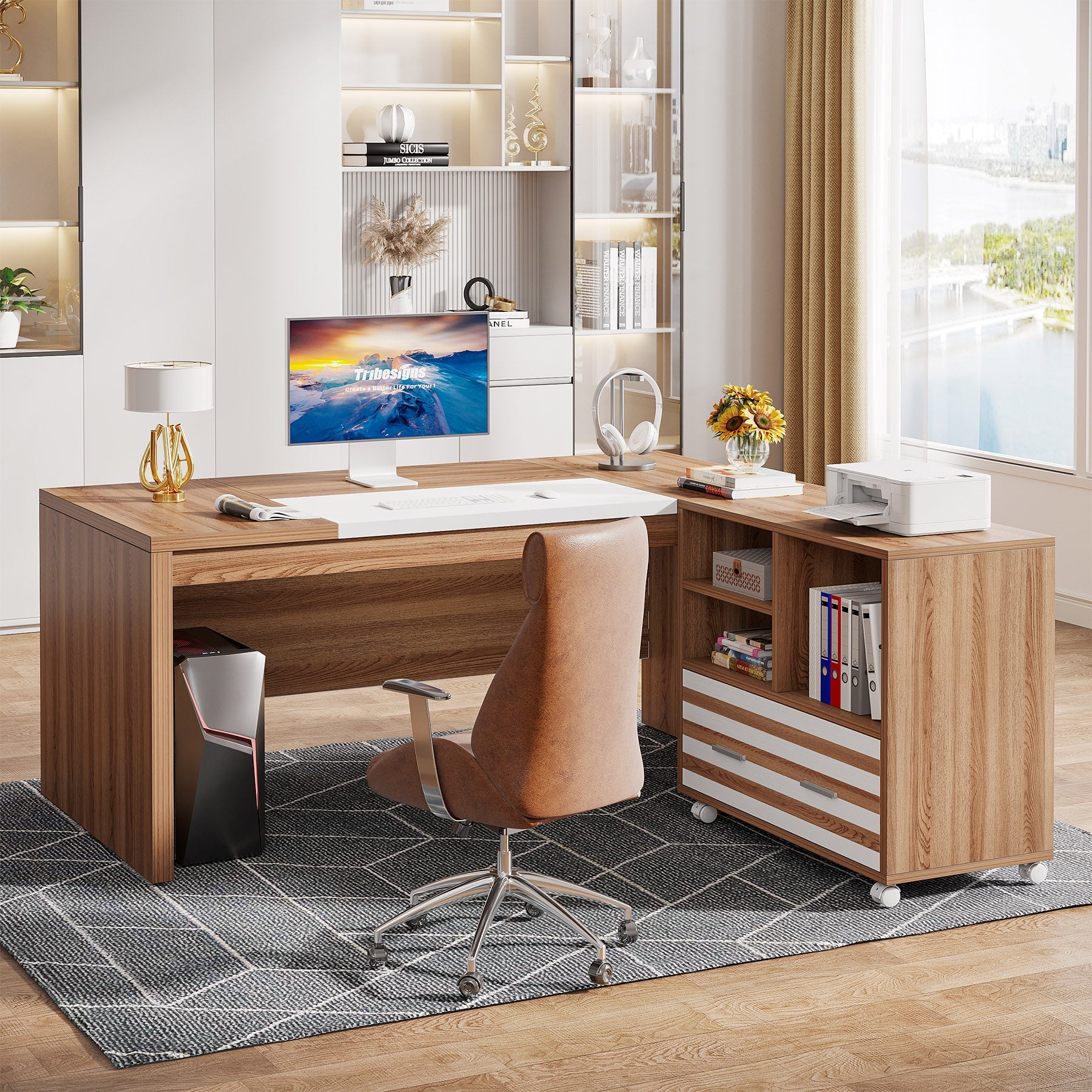 168 cm L-Shaped Executive Desk, Computer Desk with Mobile File Cabinet