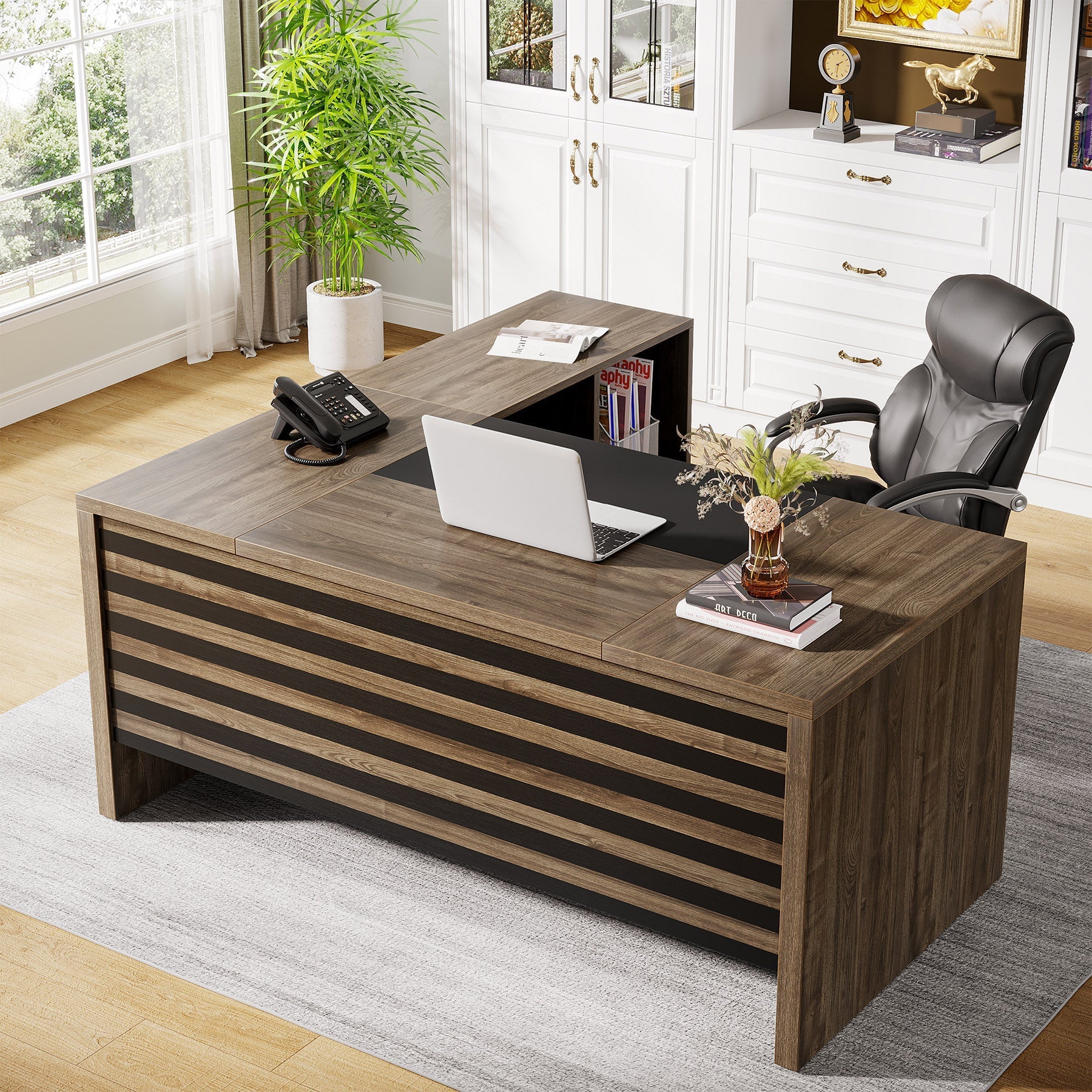 168 cm L-Shaped Executive Desk, Computer Desk with Mobile File Cabinet