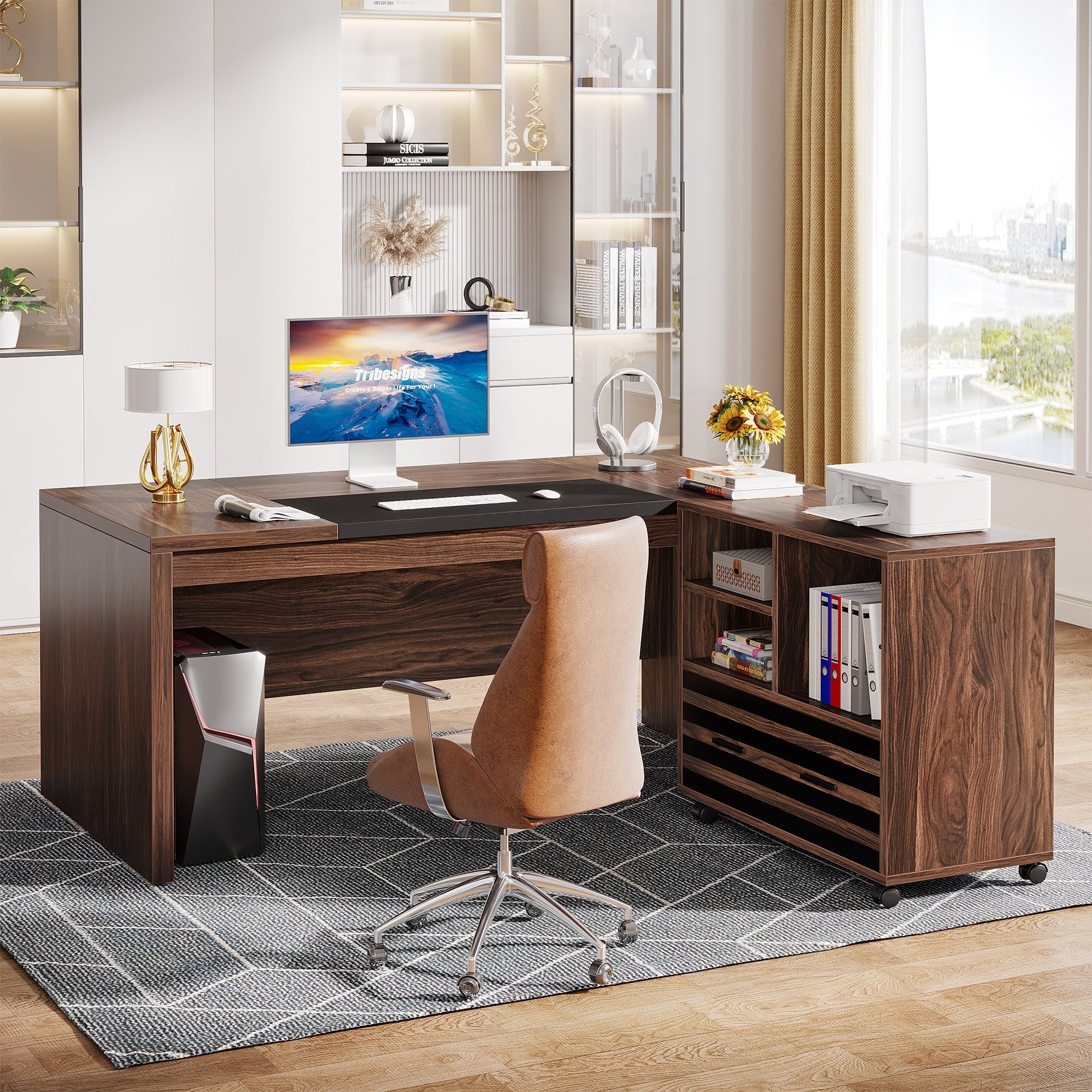 168 cm L-Shaped Executive Desk, Computer Desk with Mobile File Cabinet