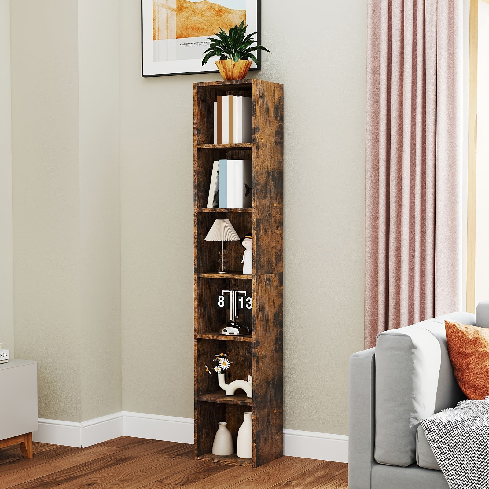 Rustic Brown 6-Tier Metal Bookshelf - Space-Saving Open Corner Design with Display & Storage Shelves, Easy Assembly, Perfect for Home Office, Living Room & Bedroom Decor, Bookshelf Decorations