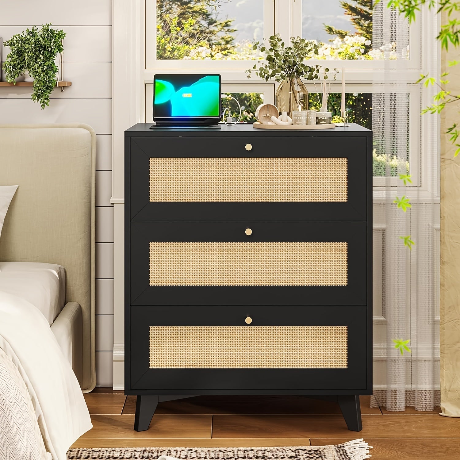 Rattan Nightstand With 3 Drawers Bedside Table With Metal Handle End Side Table For Bedroom