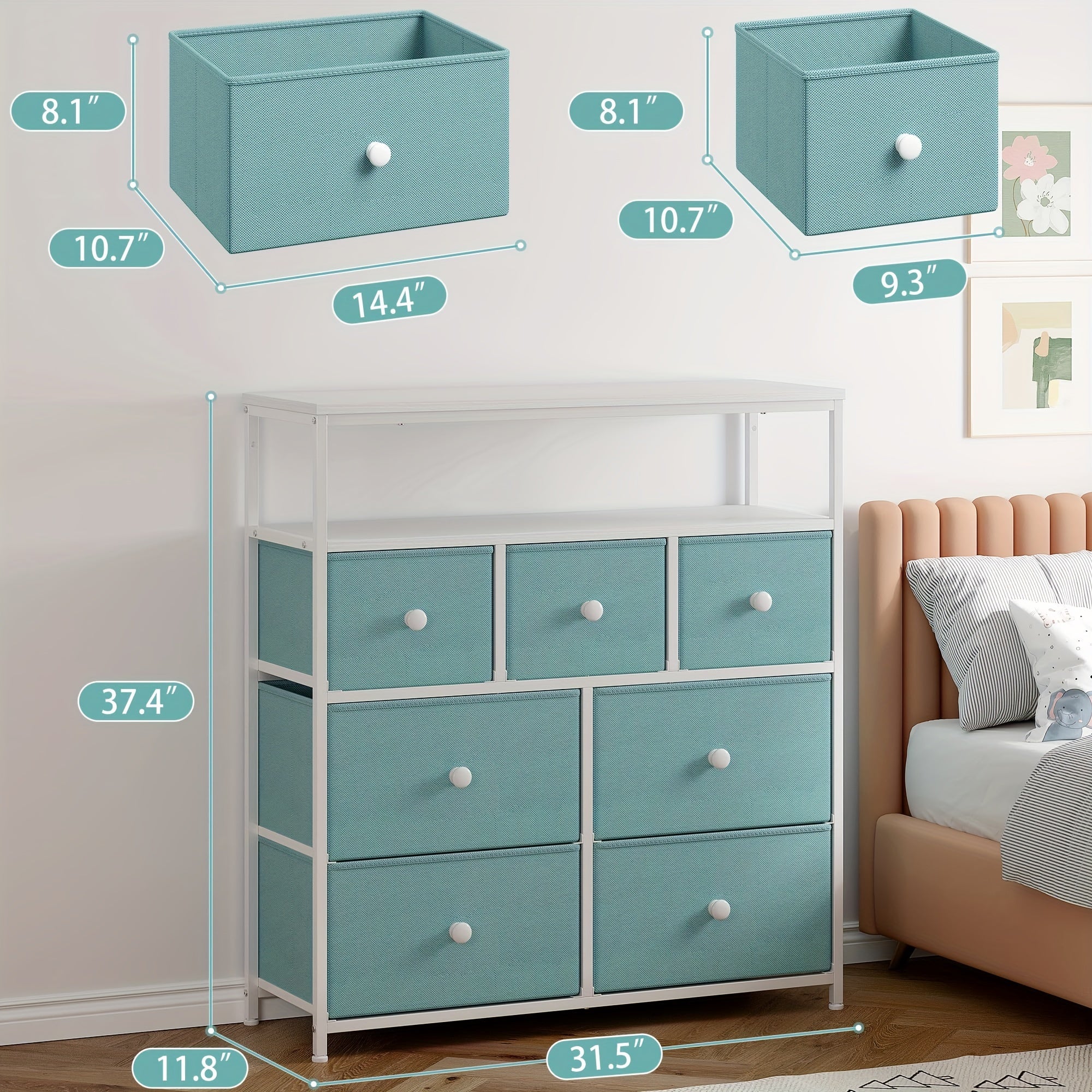 Dresser For Bedroom With 7 Drawers And 2 Shelves, TV Stand Dresser With Wooden Top And Metal Frame, Tall Dressers & Chest Of Drawers For Bedroom, Aqua