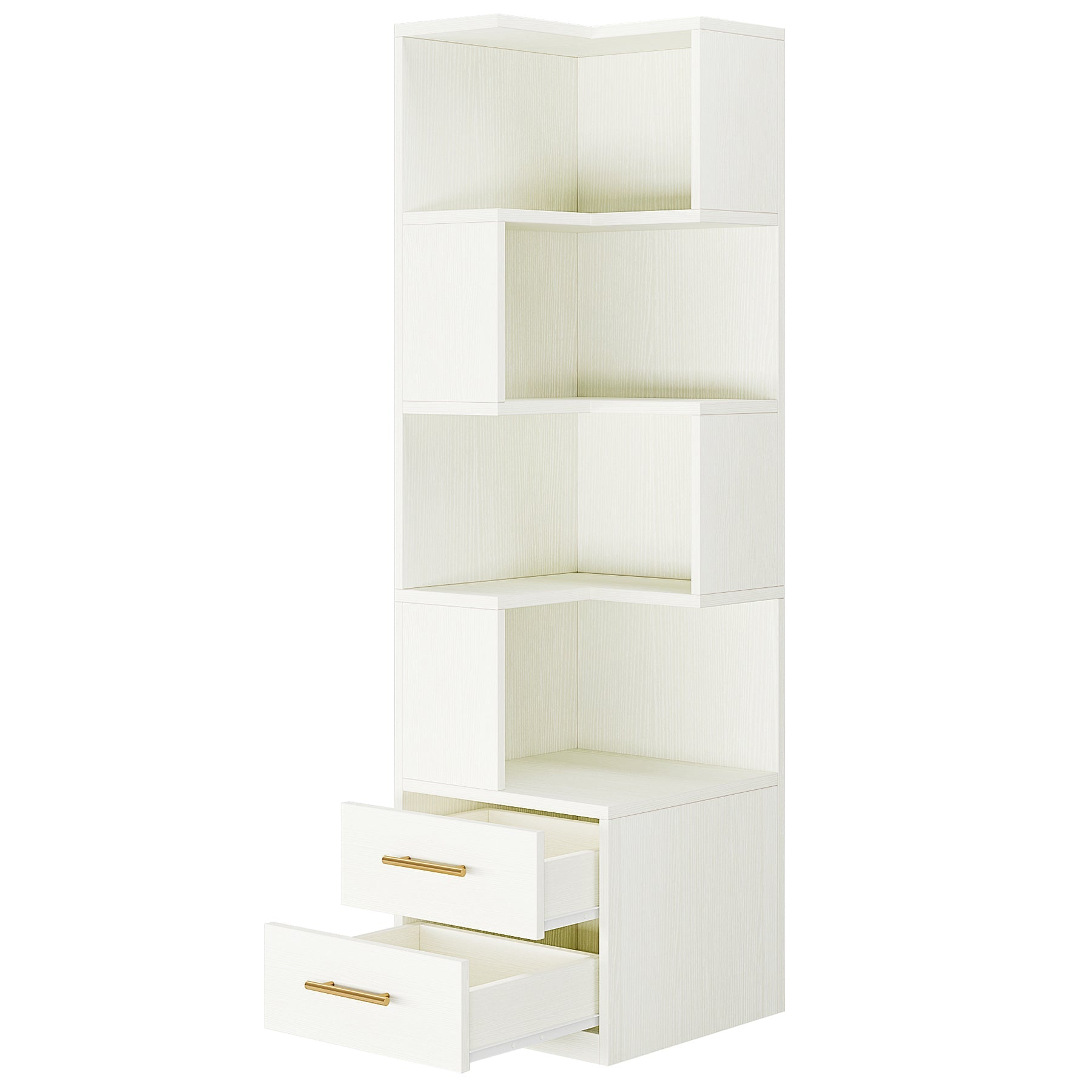 170 cm L-Shaped Bookshelf, Corner Bookcase with 5-Tier Shelf and 2 Drawers