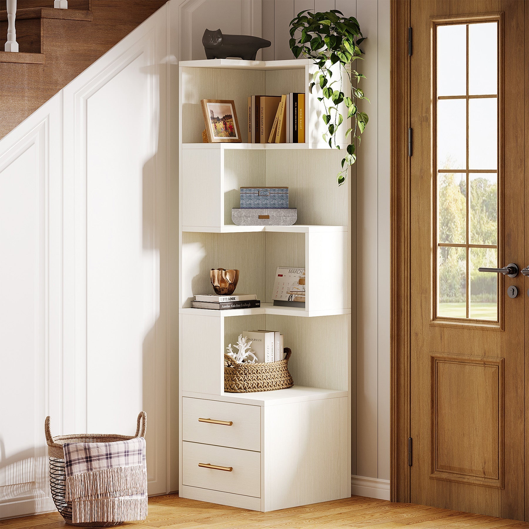 169.5 cm L-Shaped Bookshelf, Corner Bookcase with 5-Tier Shelf and 2 Drawers