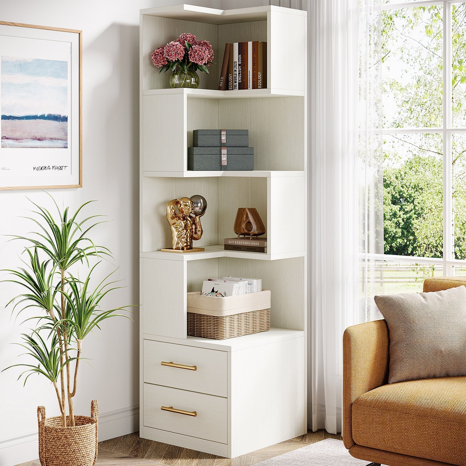 170 cm L-Shaped Bookshelf, Corner Bookcase with 5-Tier Shelf and 2 Drawers