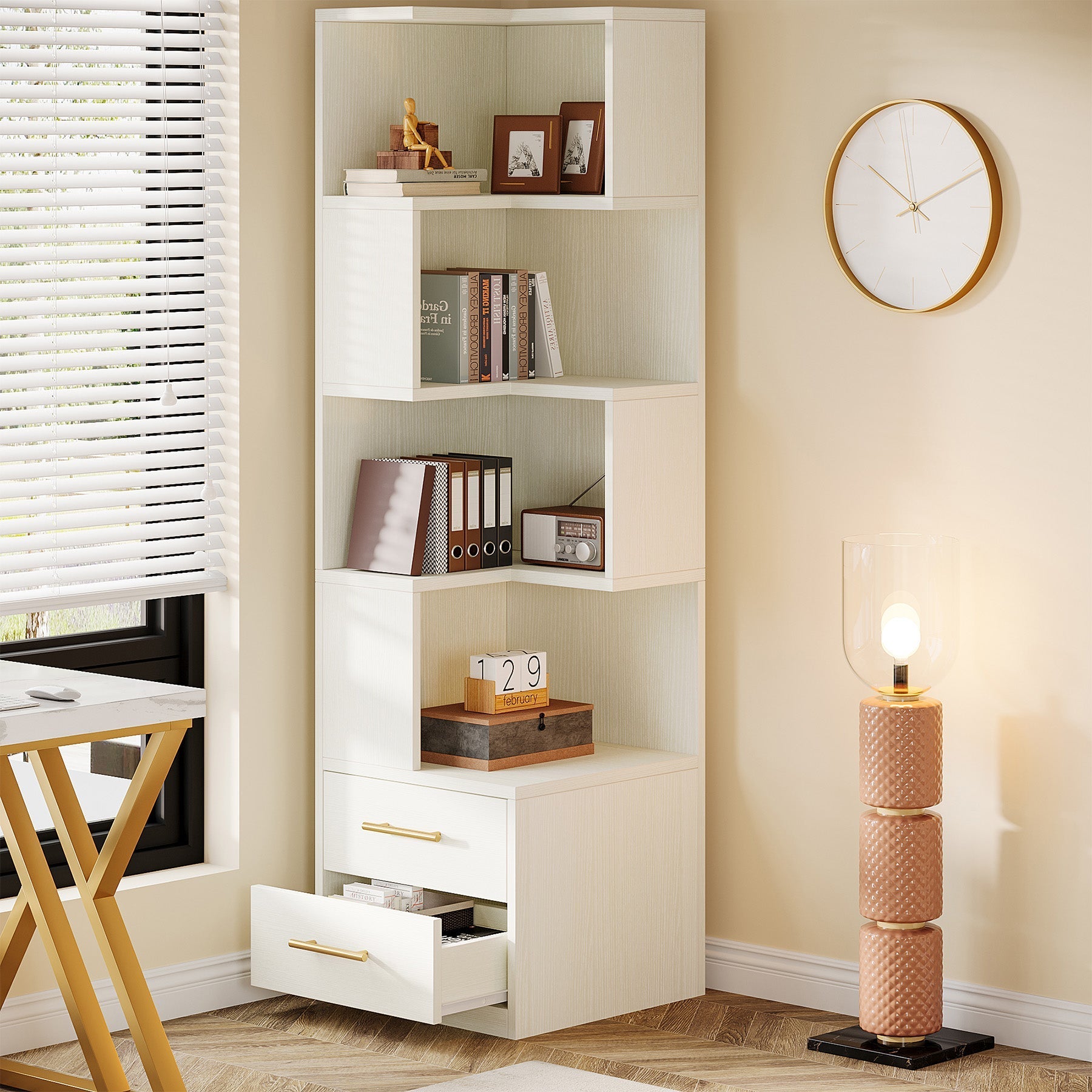 170 cm L-Shaped Bookshelf, Corner Bookcase with 5-Tier Shelf and 2 Drawers