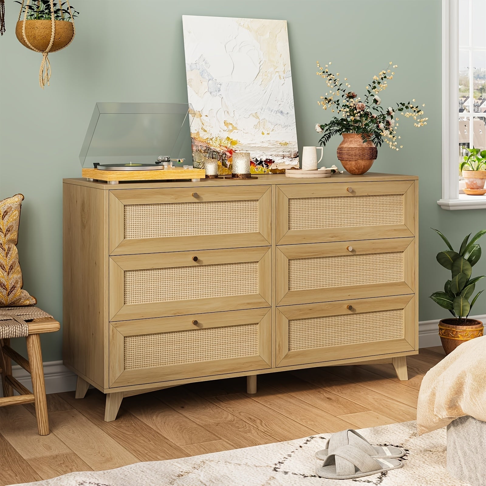 120cm Natural Rattan Dresser For Bedroom With 6 Drawers, Modern Double Wooden Wide Bedroom Dresser, Chest Of Drawers With Metal Handle & Solid Wood Legs For Bedroom/Living Room