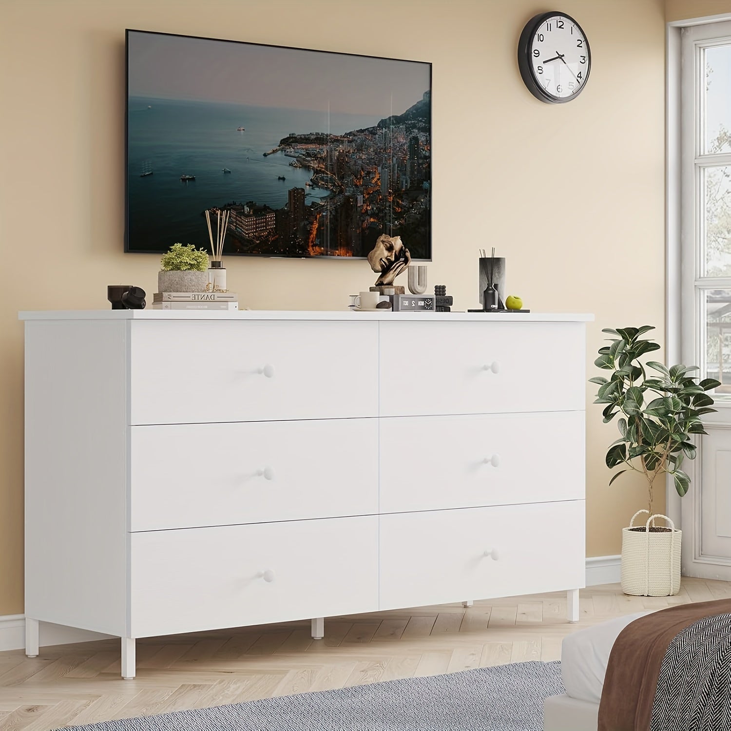 Large Dresser With 6 Drawers For Bedroom, Modern Chest Of 6 Drawers Storage Cabinets With Steel Frame, Double Dresser For Bedroom, Living Room, White