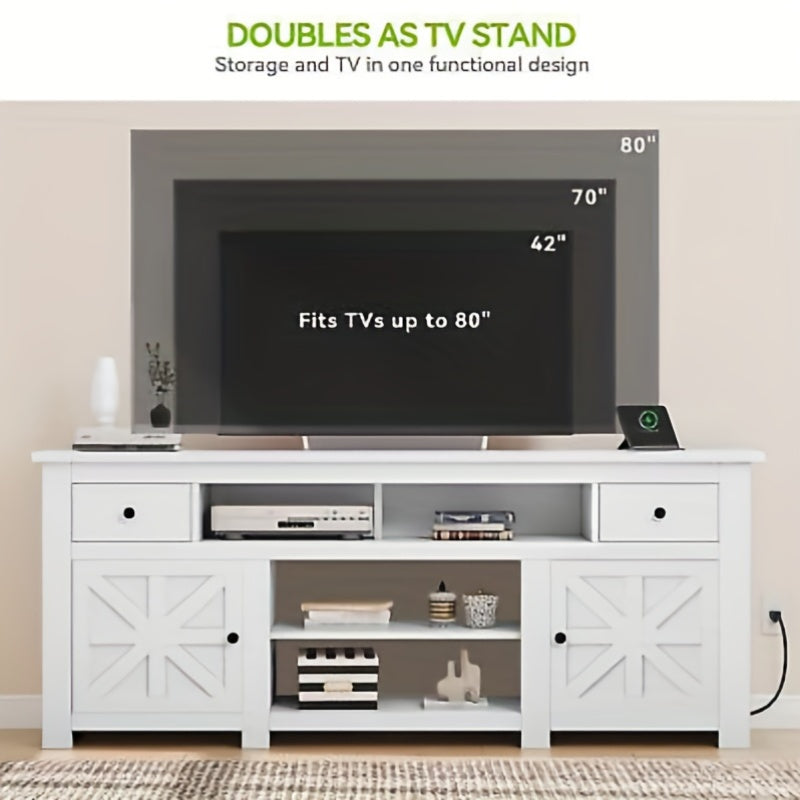 Modern Farmhouse TV Console with Storage Cabinets and Drawers for 80- Inch TVs