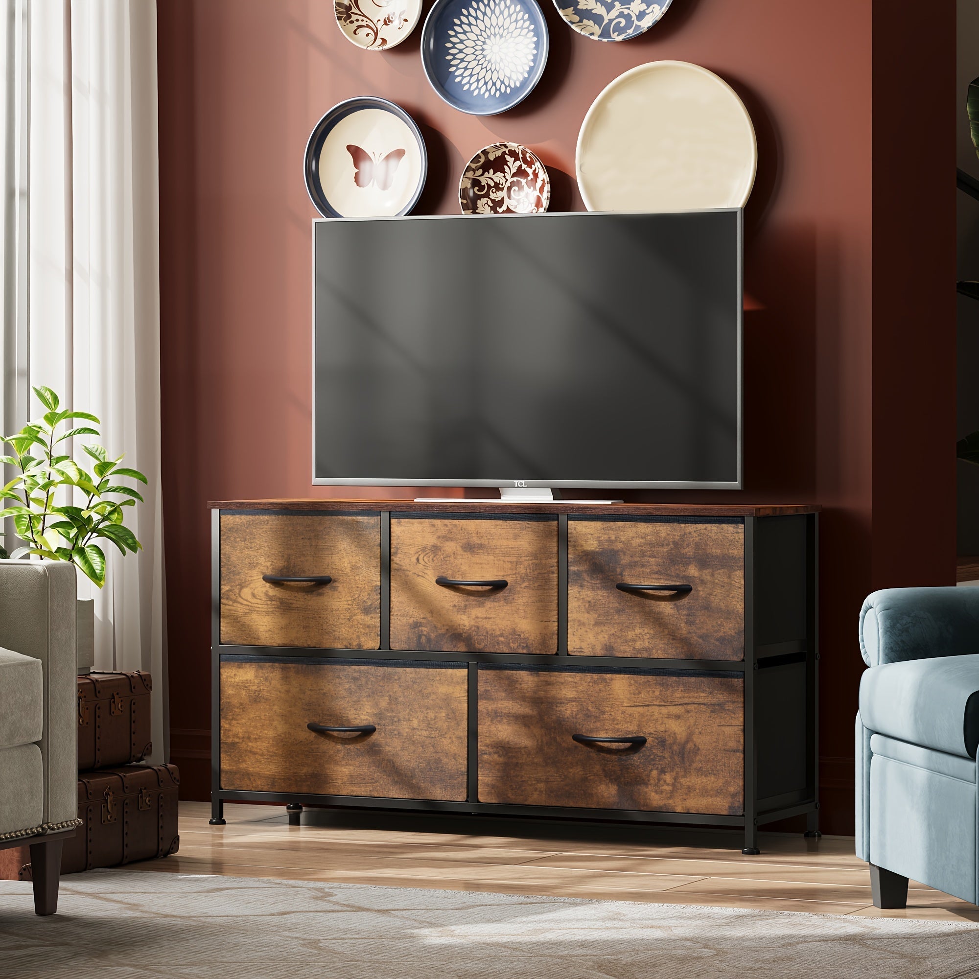 Dresser for Bedroom with 5 Drawers, Wide Chest of Drawers, Fabric Dresser, Storage Organizer Unit with Fabric Bins for Closet, Living Room, Hallway, Rustic Brown Wood Grain Print