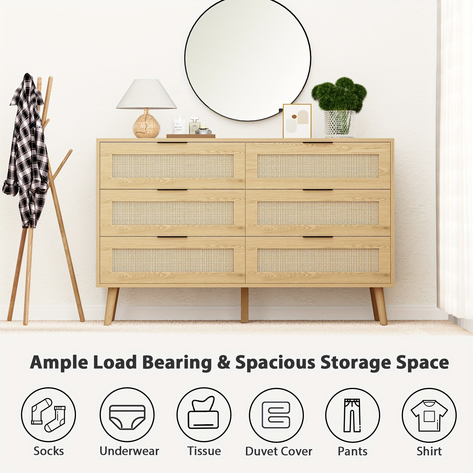 6 Drawer Double Dresser For Bedroom, Natural Rattan Chest With Drawers, Modern Wood Boho Dresser With Black Handles, Storage Closet For Closet, Living Room And Hallway