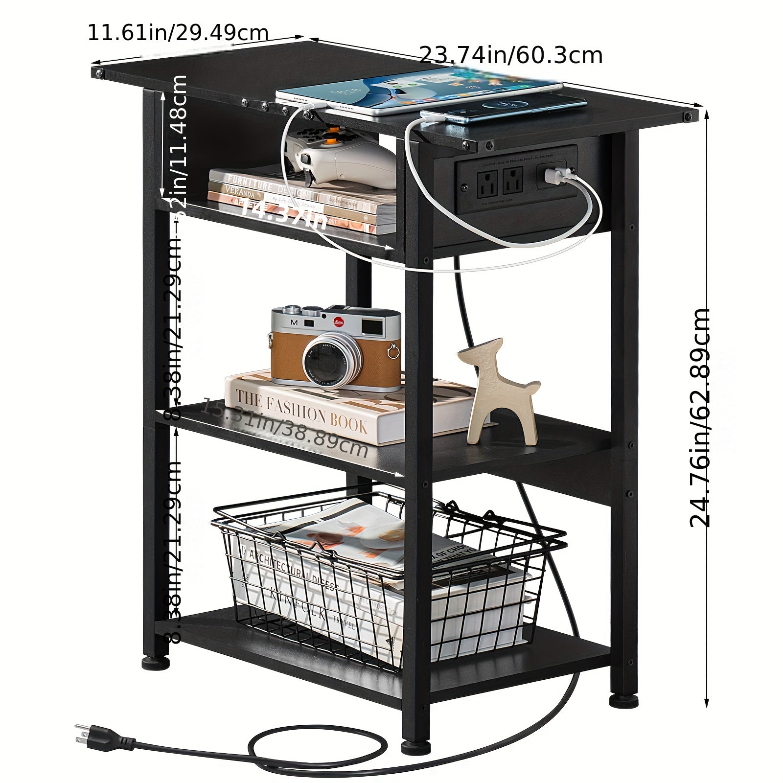 Side Table With Charging Station, Narrow End Table With USB Ports And Outlets, Black Skinny Nightstand With Open Storage Shelf For Small Space, Slim Sofa Bedside Table For Living Room Bedroom