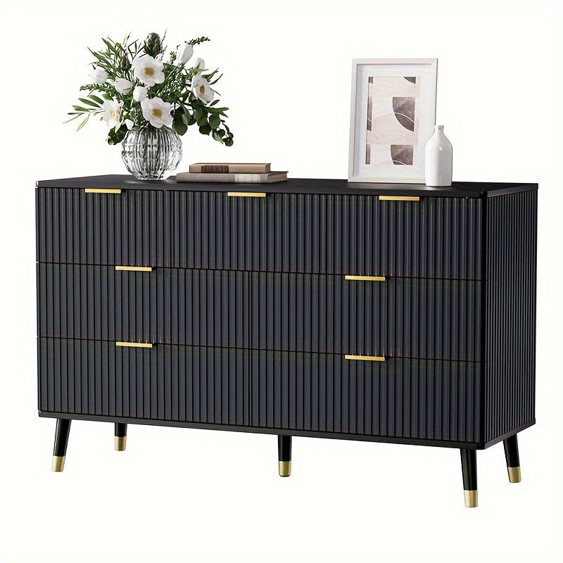 7 Drawer Dresser For Bedroom, Elegant Dressers With Fluted Panel, Storage Dresser With Golden Handles, Modern Closet Of Drawers For Living Room