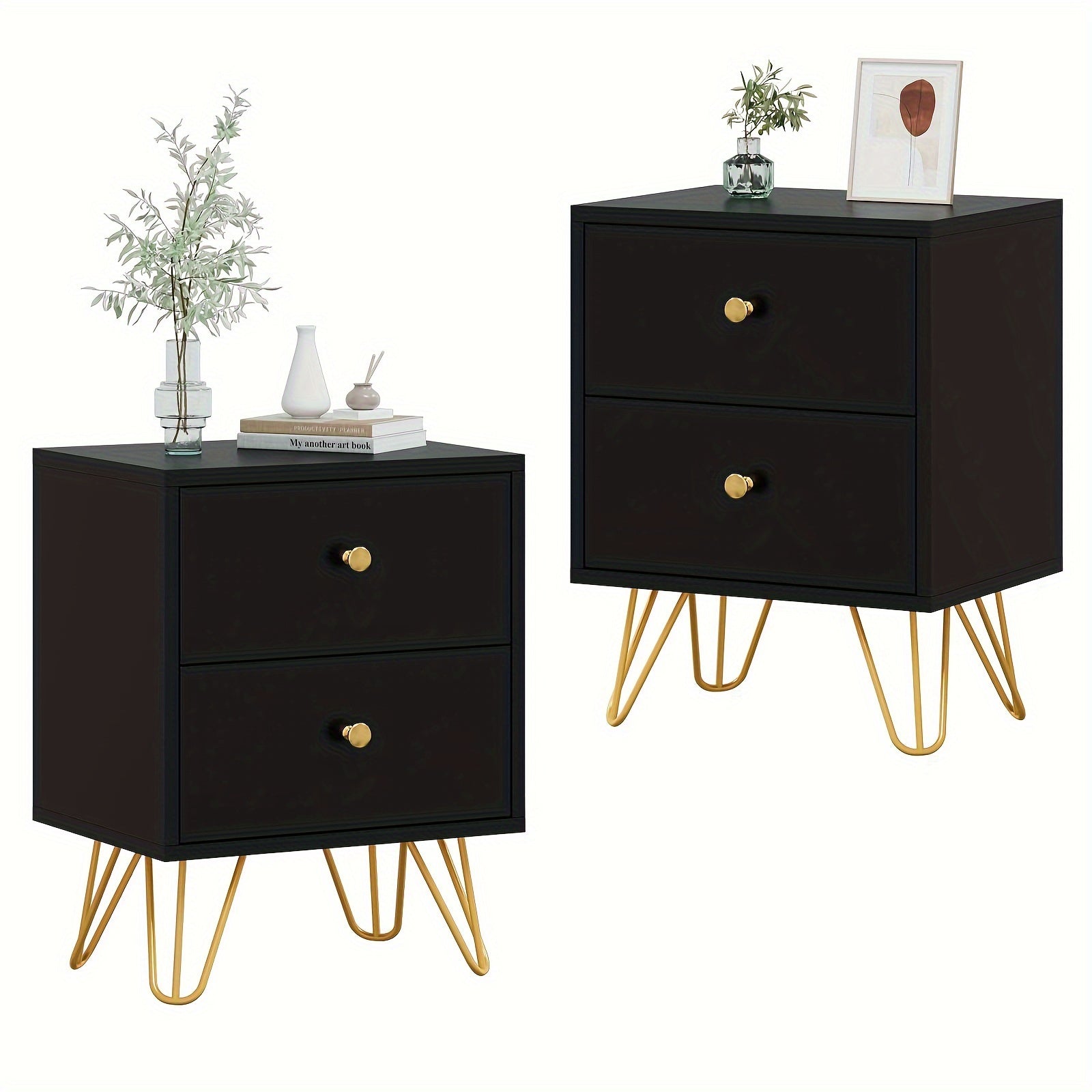 Set of 2 White Nightstands with Golden Metal Legs - Contemporary Double Drawer Bedside Tables, Lockable, 3.2+ Cubic Ft Storage, for Stylish Bedroom & Living Room Decor, Bedroom Decor And Accessories