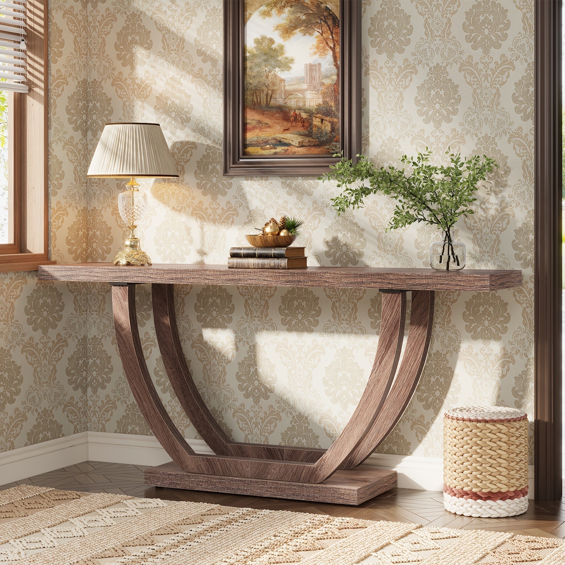 Console Entryway Table Farmhouse: 160 cm Sturdy Wood Console Table for Entryway, Narrow Long Foyer Sofa Table with Geometric Legs for Hallway, Entrance, Reception Room