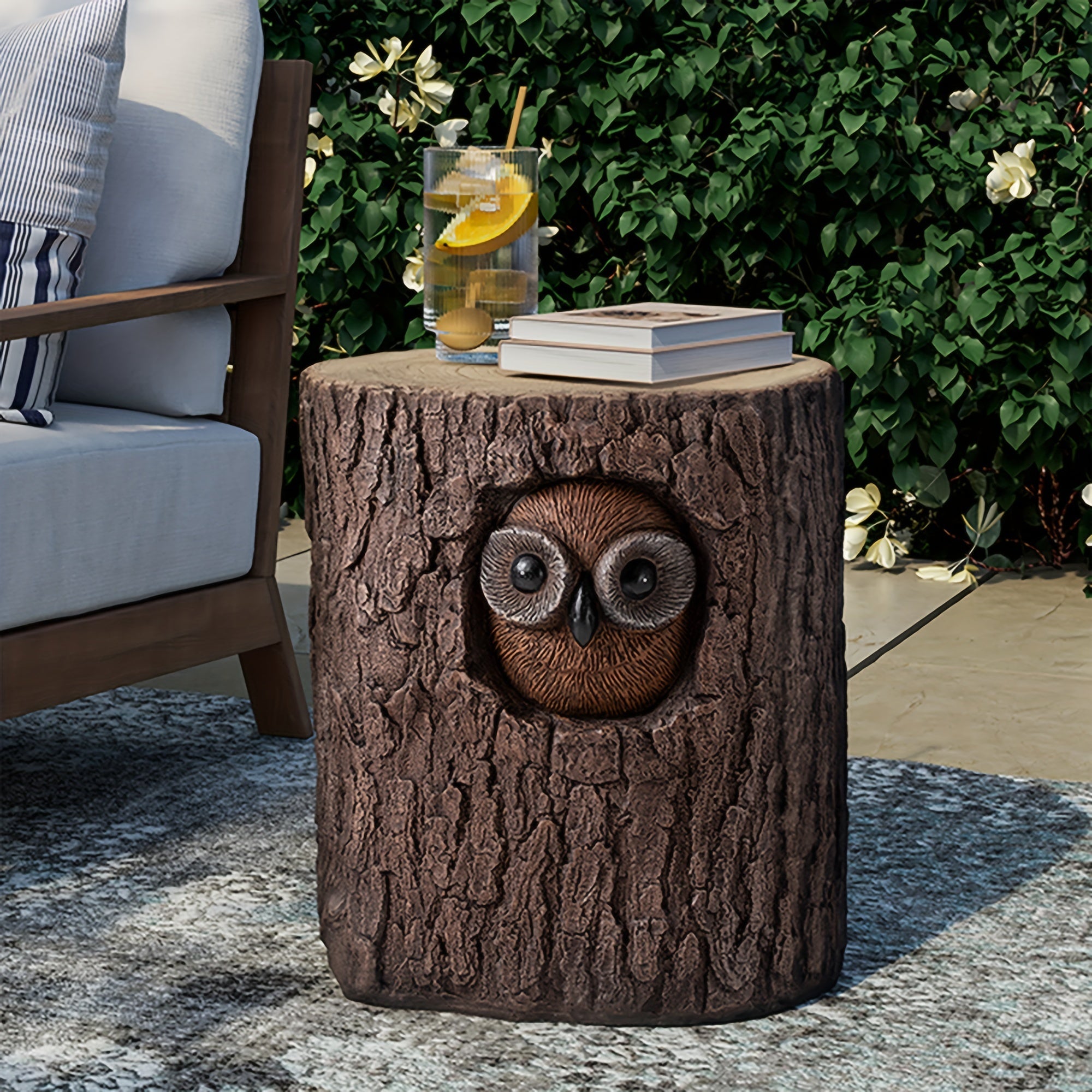 Concrete Side Table, Outdoor Side Table for Patio, 14" Squirrel Accent Table Patio Side Table End Table, Ceramic Side Table Garden Stool Log Table in Brown