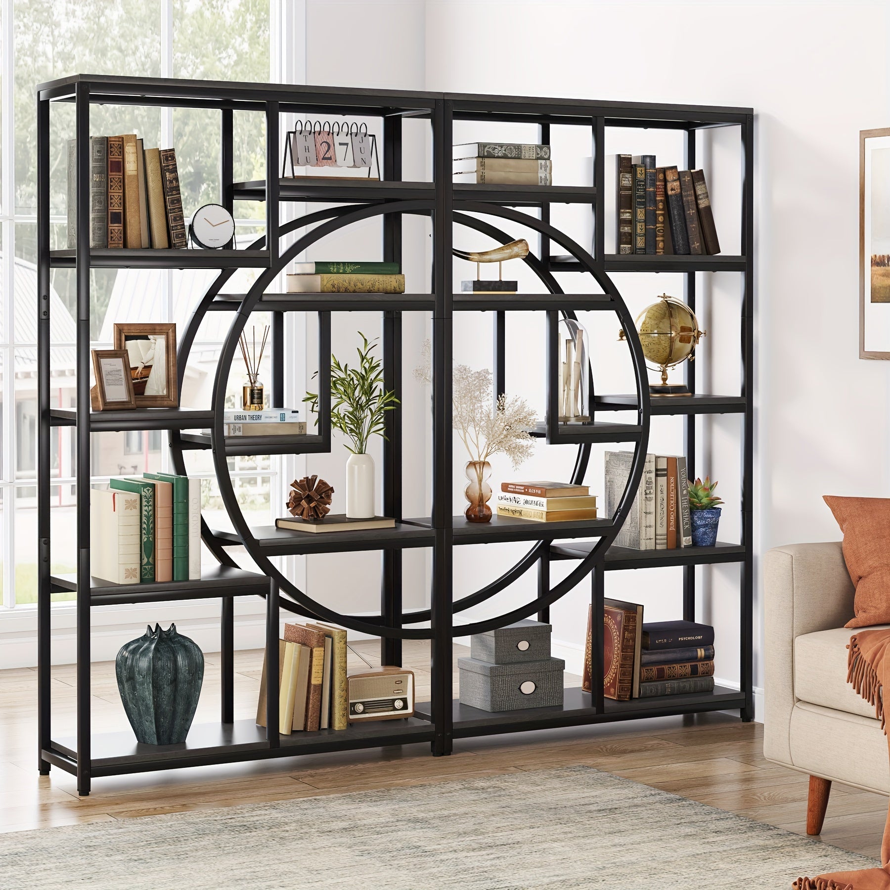 Industrial-style 5-tier Etagere Bookcase, A Freestanding Bookshelf That Amplifies Style And Utility In Any Living Room. This Tall Display Shelf Doubles As A Storage Organizer, Boasting 9 Open Storage Shelves