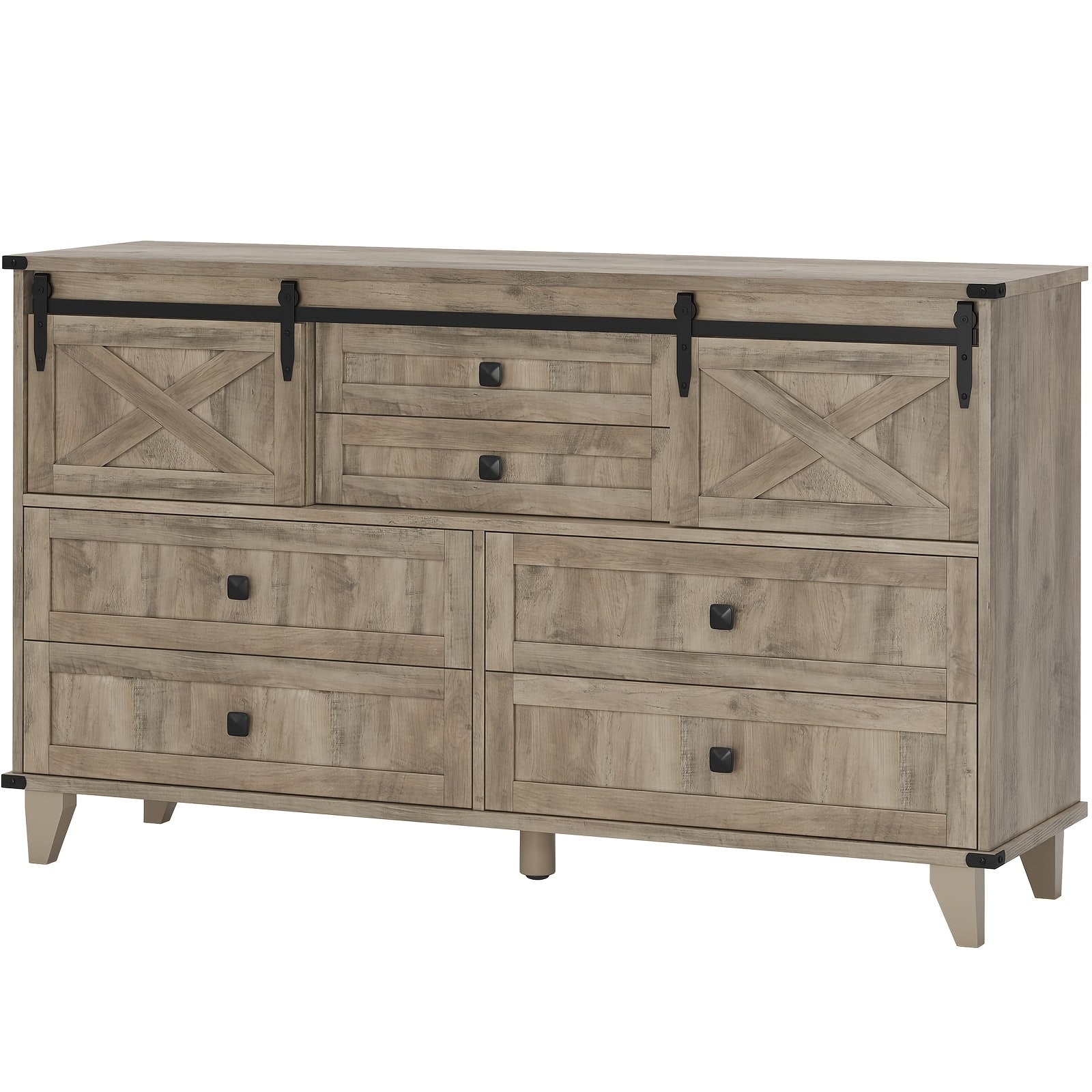 Chic 6-Drawer Farmhouse Dresser in Natural Wood Finish with Sliding Barn Doors - Vintage Style Chest of Drawers for Bedroom & Living Room Storage, Featuring Antique Metal Accents